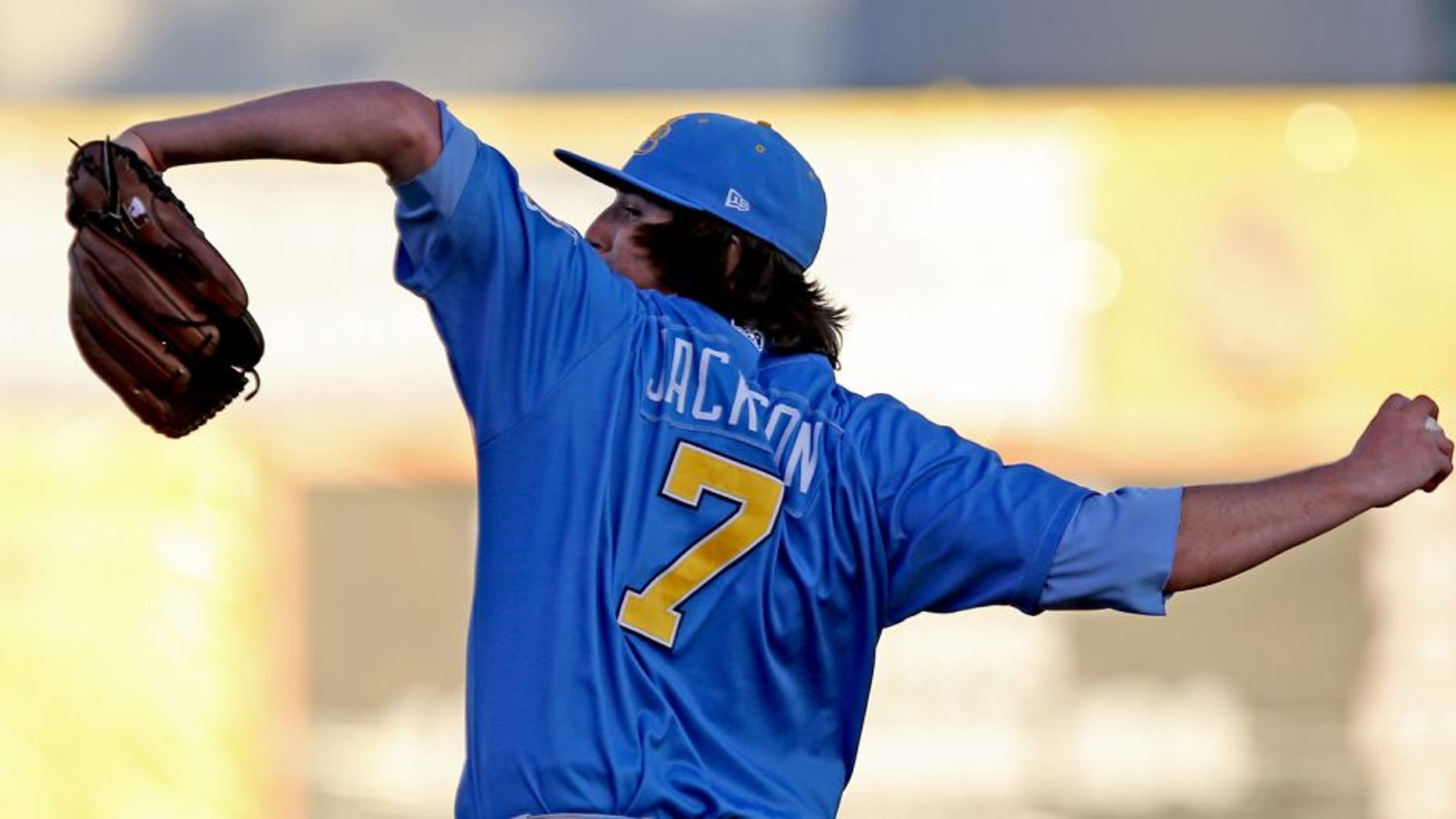 Jun 18, 2013; San Jose, CA, USA; Myrtle Beach Pelicans pitcher Luke Jackson (7) during the first inning of the California League vs Carolina League All Star Game at San Jose Municipal Stadium. Mandatory Credit: Kelley L Cox-USA TODAY Sports