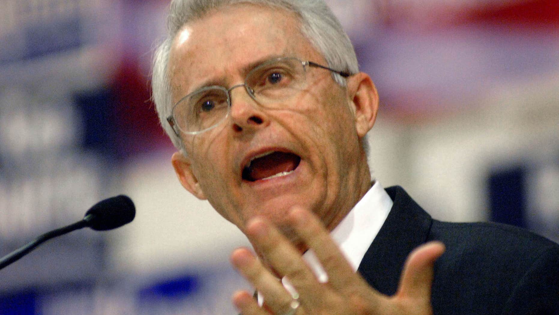 FILE - In a Nov. 10, 2007 file photo, Republican House of Representatives hopeful Dick Black speaks at a convention held by the Republican 1st District Congressional Committee in Milford, Va.