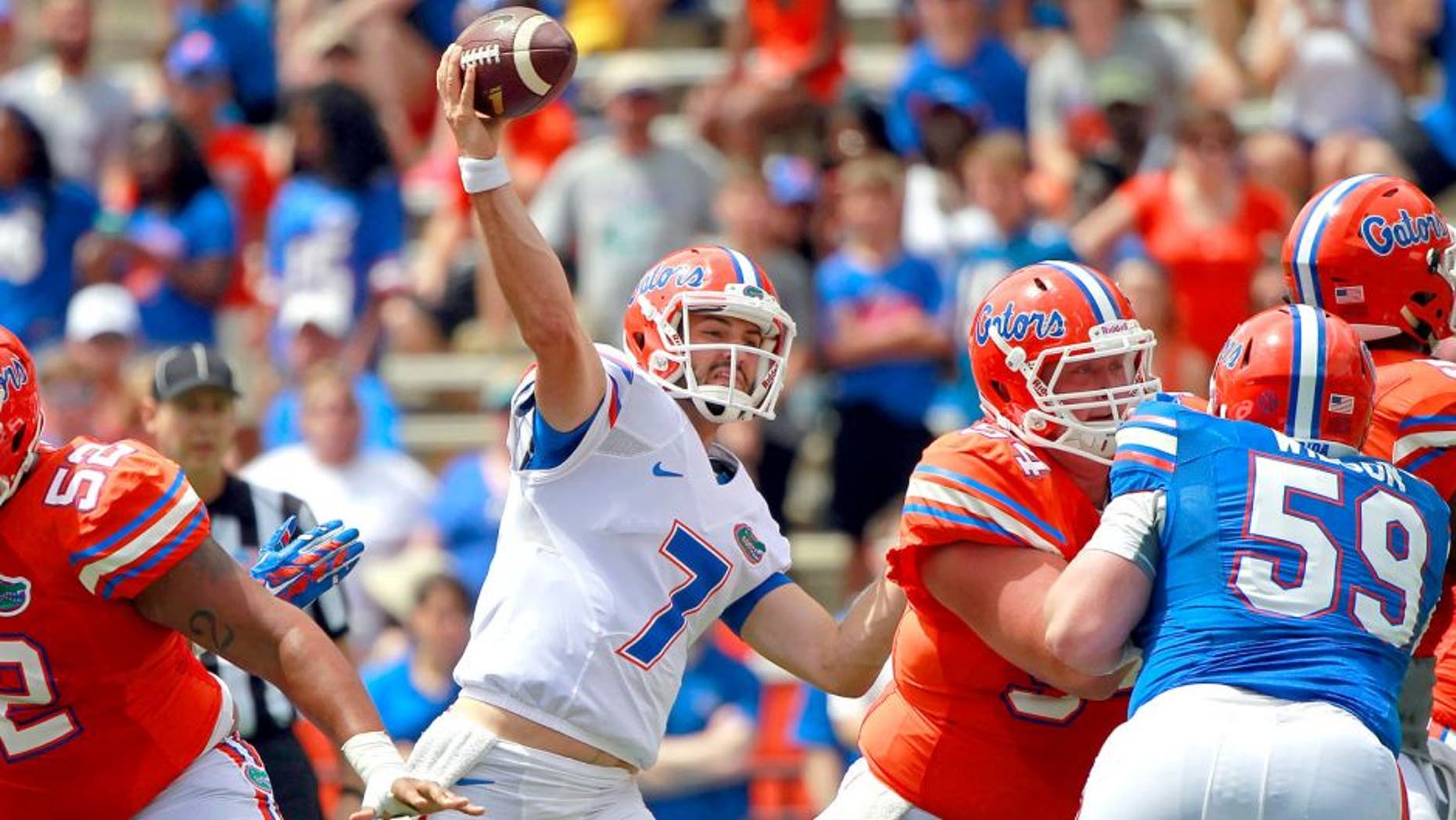 Apr 11, 2015; Gainesville, FL, USA; Florida Gators quarterback Will Grier (7) throws the ball during the first half at the Orange and Blue Debut at Ben Hill Griffin Stadium. Mandatory Credit: Kim Klement-USA TODAY Sports