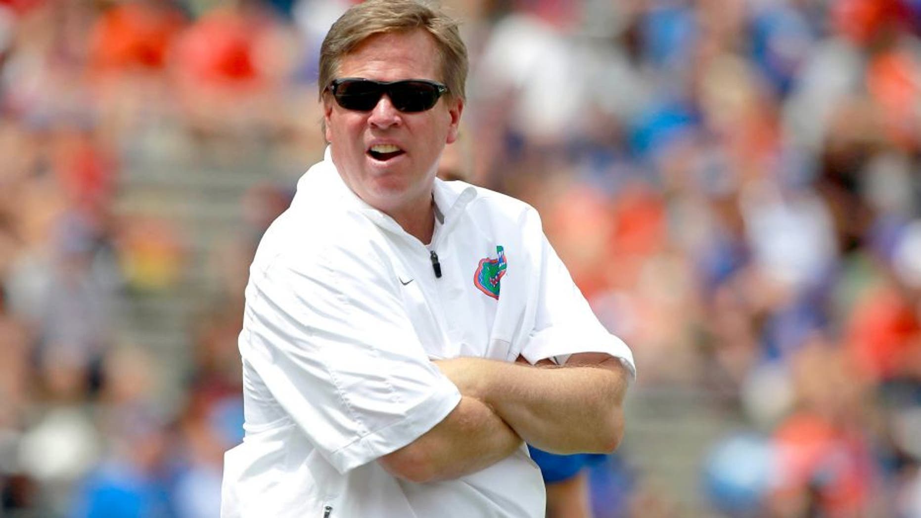 Apr 11, 2015; Gainesville, FL, USA; Florida Gators head coach Jim McElwain during the second half at the Orange and Blue Debut at Ben Hill Griffin Stadium. Orange defeated Blue 31-6. Mandatory Credit: Kim Klement-USA TODAY Sports