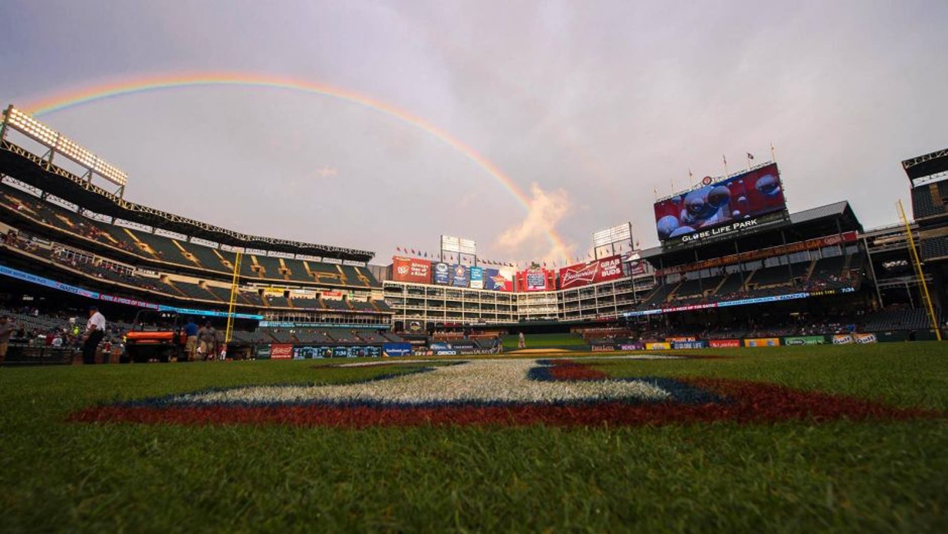 Apr 27, 2015; Arlington, TX, USA; A view of a rainbow above the field before the game between the Texas Rangers and the Seattle Mariners at Globe Life Park in Arlington. Mandatory Credit: Jerome Miron-USA TODAY Sports