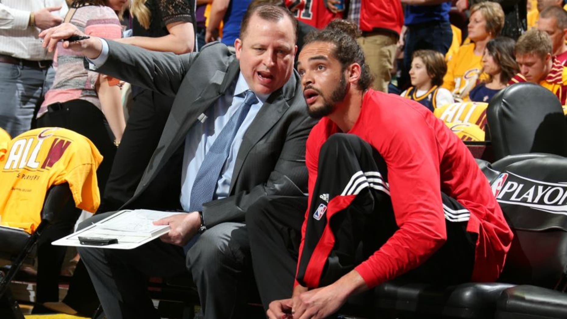 CLEVELAND, OH - MAY 4: Head coach Tom Thibodeau and Joakim Noah #13 of the Chicago Bulls talk before Game One of the Eastern Conference Semifinals against the Cleveland Cavaliers during the 2015 NBA Playoffs on May 4, 2015 at Quicken Loans Arena in Cleveland, Ohio. NOTE TO USER: User expressly acknowledges and agrees that, by downloading and or using this Photograph, user is consenting to the terms and conditions of the Getty Images License Agreement. Mandatory Copyright Notice: Copyright 2015 NBAE (Photo by Nathaniel S. Butler/NBAE via Getty Images)