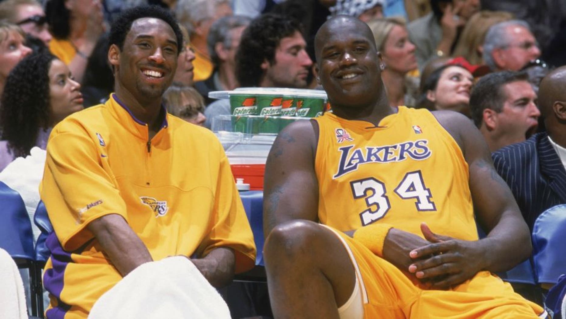 17 Apr 2002: Kobe Bryant #8 of the Los Angeles Lakers talks with his teammate, Shaquille O''Neal #34, during the NBA game against the Sacramento Kings at the Staples Center in Los Angeles, California. The Lakers won, 109-95. NOTE TO USER: User expressly acknowledges and agrees that, by downloading and/or using this Photograph, User is consenting to the terms and conditions of the Getty Images License Agreement. Mandatory copyright notice: Copyright 2002 NBAE Mandatory Credit: Andrew D Bernstein/NBAE/Getty Images