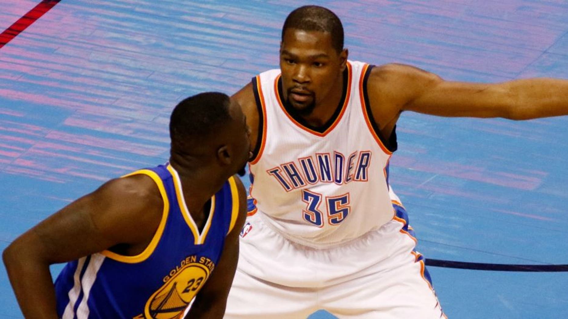 in game three of the Western Conference Finals during the 2016 NBA Playoffs at Chesapeake Energy Arena on May 22, 2016 in Oklahoma City, Oklahoma. NOTE TO USER: User expressly acknowledges and agrees that, by downloading and or using this photograph, User is consenting to the terms and conditions of the Getty Images License Agreement.