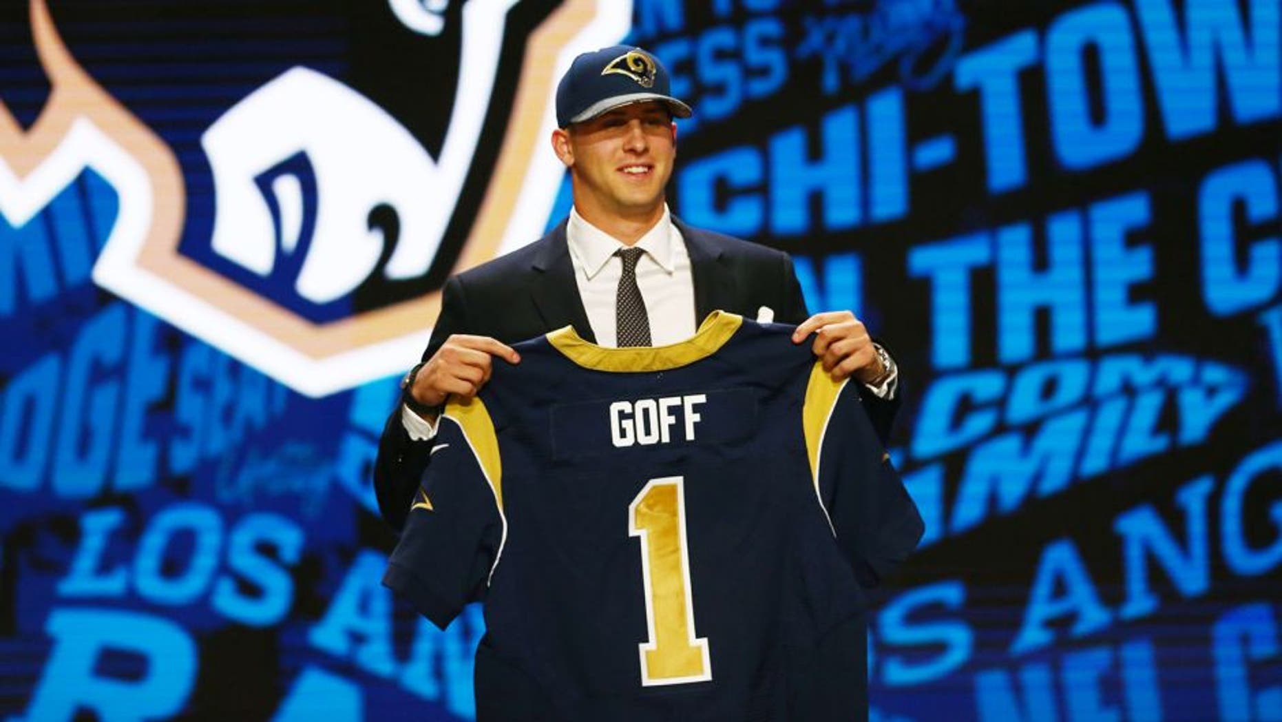 Apr 28, 2016; Chicago, IL, USA; Jared Goff (California) is selected by the Los Angeles Rams as the number one overall pick in the first round of the 2016 NFL Draft at Auditorium Theatre. Mandatory Credit: Jerry Lai-USA TODAY Sports