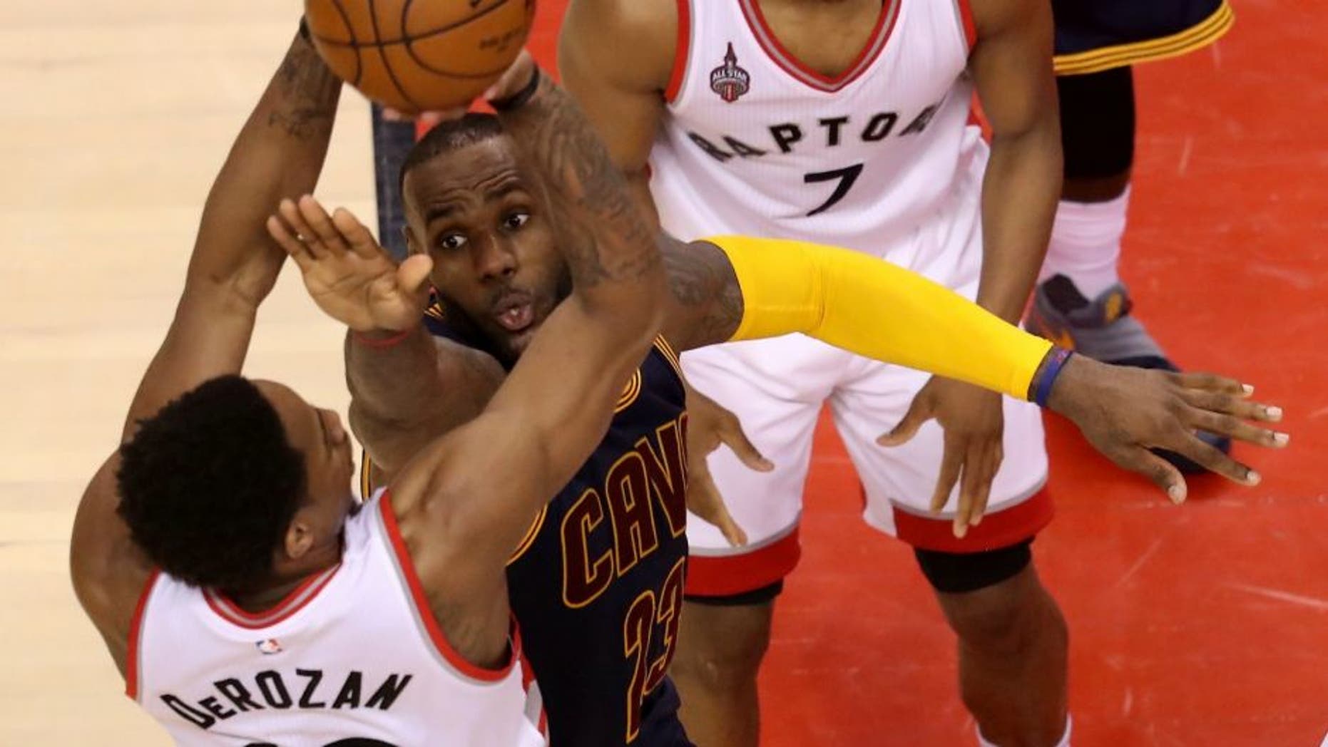 in game four of the Eastern Conference Finals during the 2016 NBA Playoffs at the Air Canada Centre on May 23, 2016 in Toronto, Ontario, Canada. NOTE TO USER: User expressly acknowledges and agrees that, by downloading and or using this photograph, User is consenting to the terms and conditions of the Getty Images License Agreement.