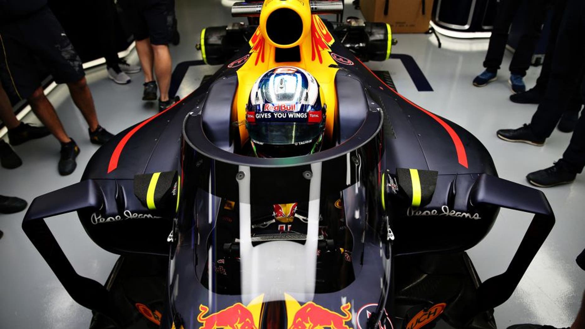 Sochi Autodrom, Sochi, Russia. Thursday 28 April 2016. The prototype Red Bull Racing aeroscreen mounted on the Red Bull Racing Red Bull-TAG Heuer RB12 TAG Heuer in the garage on Thursday ahead of the Formula One Grand Prix of Russia at Sochi Autodrom on April 28, 2016 in Sochi, Russia. Daniel Ricciardo, Red Bull Racing, is behind the wheel. Ref: 605547879_MT_4008_B80D4DEBB6F1907D086A2CD3D8748689 World Copyright - Red Bull/LAT Photographic