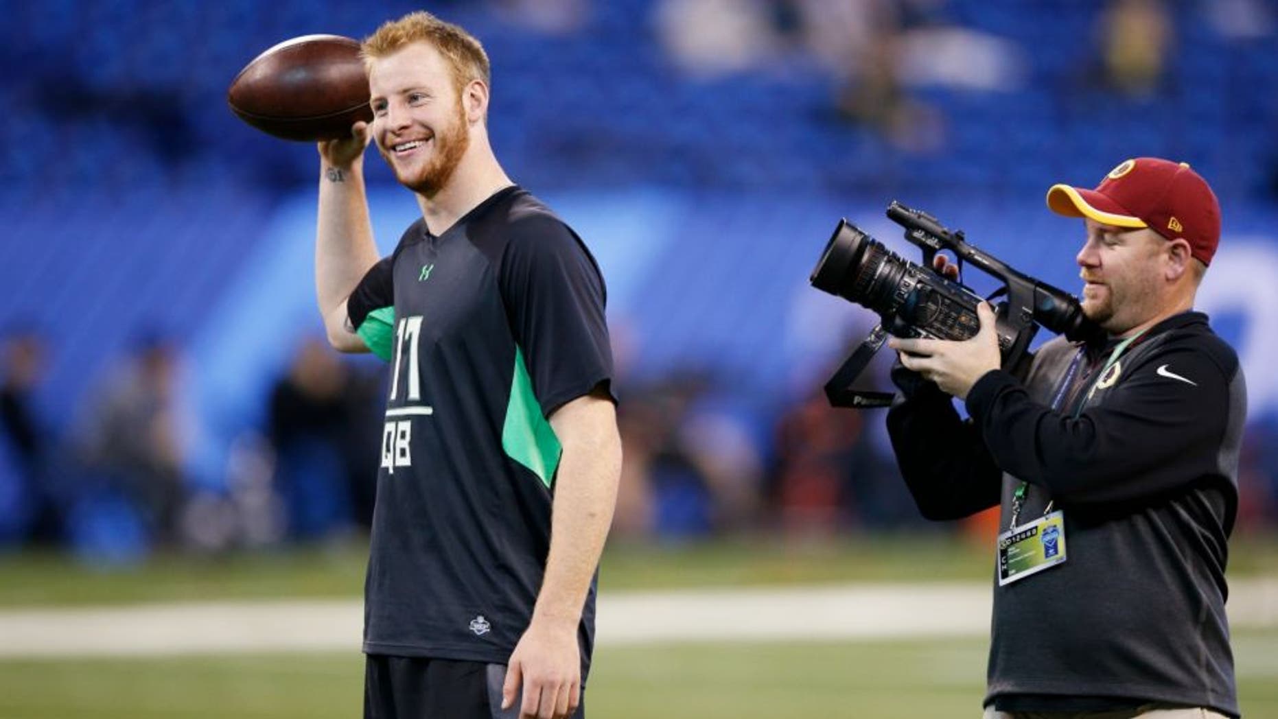 INDIANAPOLIS, IN - FEBRUARY 27: Quarterback Carson Wentz of North Dakota State looks on during the 2016 NFL Scouting Combine at Lucas Oil Stadium on February 27, 2016 in Indianapolis, Indiana. (Photo by Joe Robbins/Getty Images)