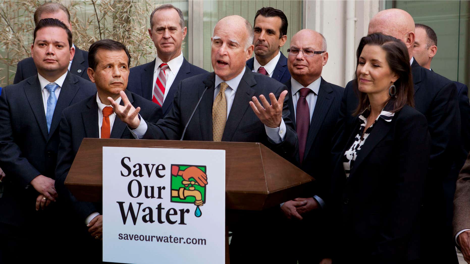 April 28, 2015: Gov. Jerry Brown talks during a news conference after meeting with several California mayors to discuss water conservation at the Capitol in Sacramento, Calif.