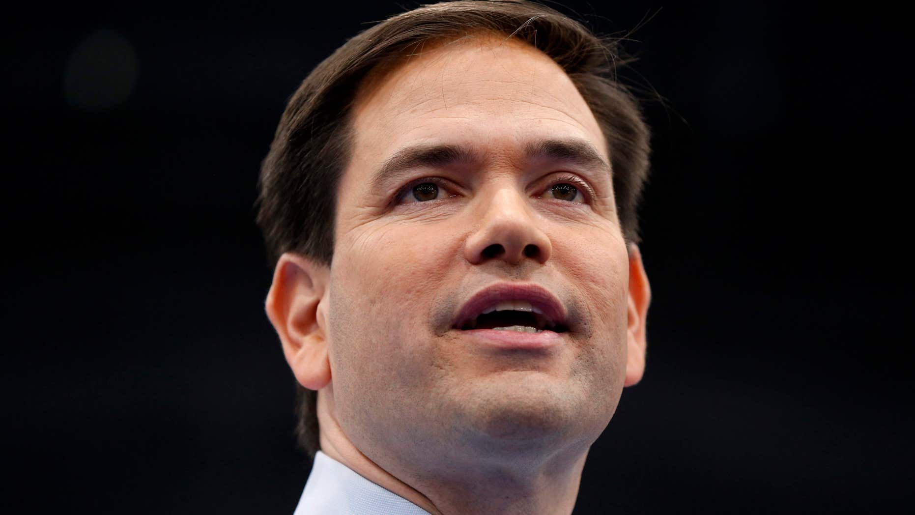 FILE - In this March 14, 2016, file photo, then-Republican presidential candidate Sen. Marco Rubio, R-Fla., speaks during a campaign rally at Palm Beach Atlantic University in West Palm Beach, Fla.