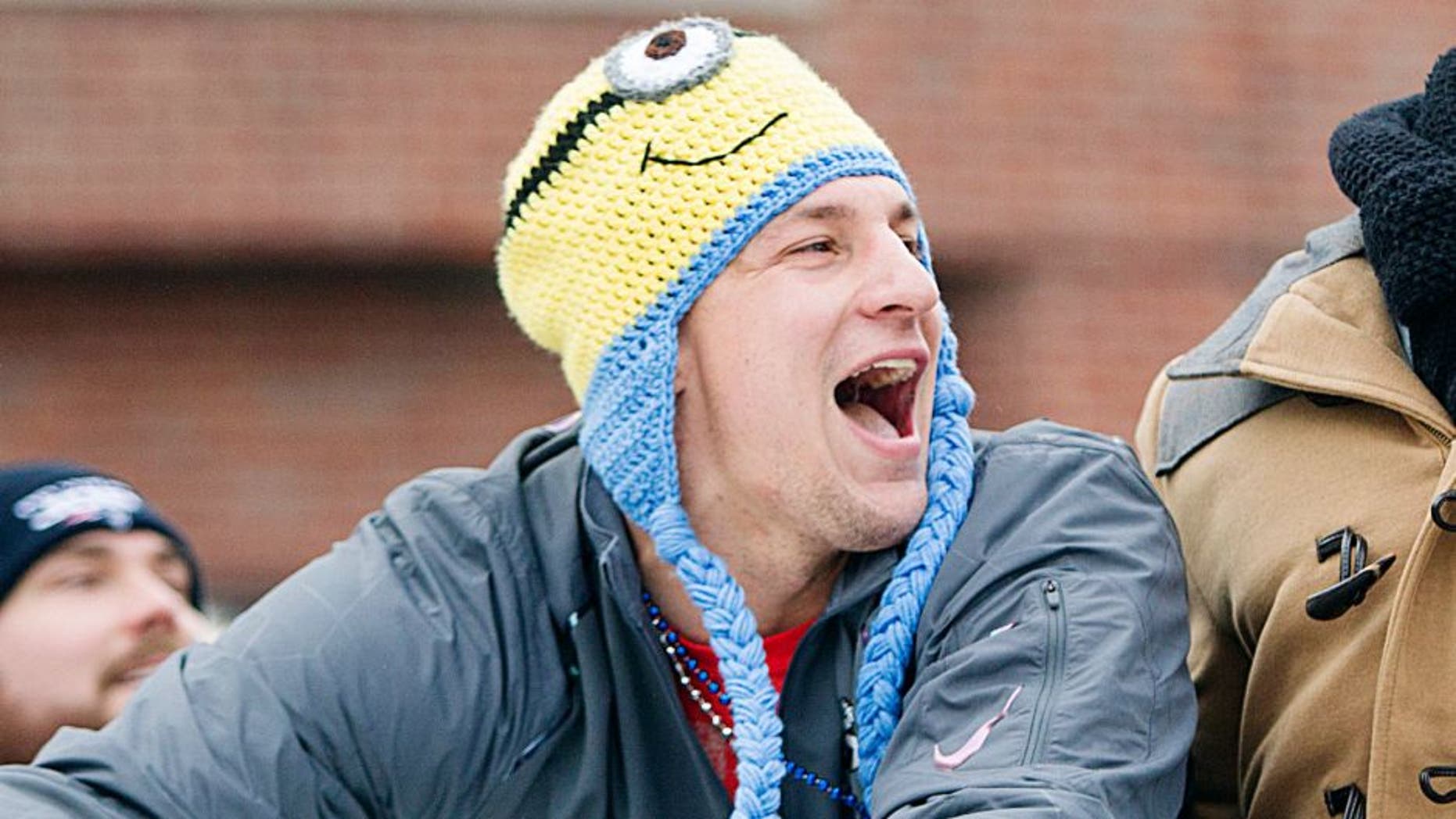 BOSTON, MA - FEBRUARY 4: Patriots tight end Rob Gronkowski yells to fans during the New England Patriots victory parade on February 4, 2015 in Boston, Massachusetts. (Photo by Scott Eisen/Getty Images)