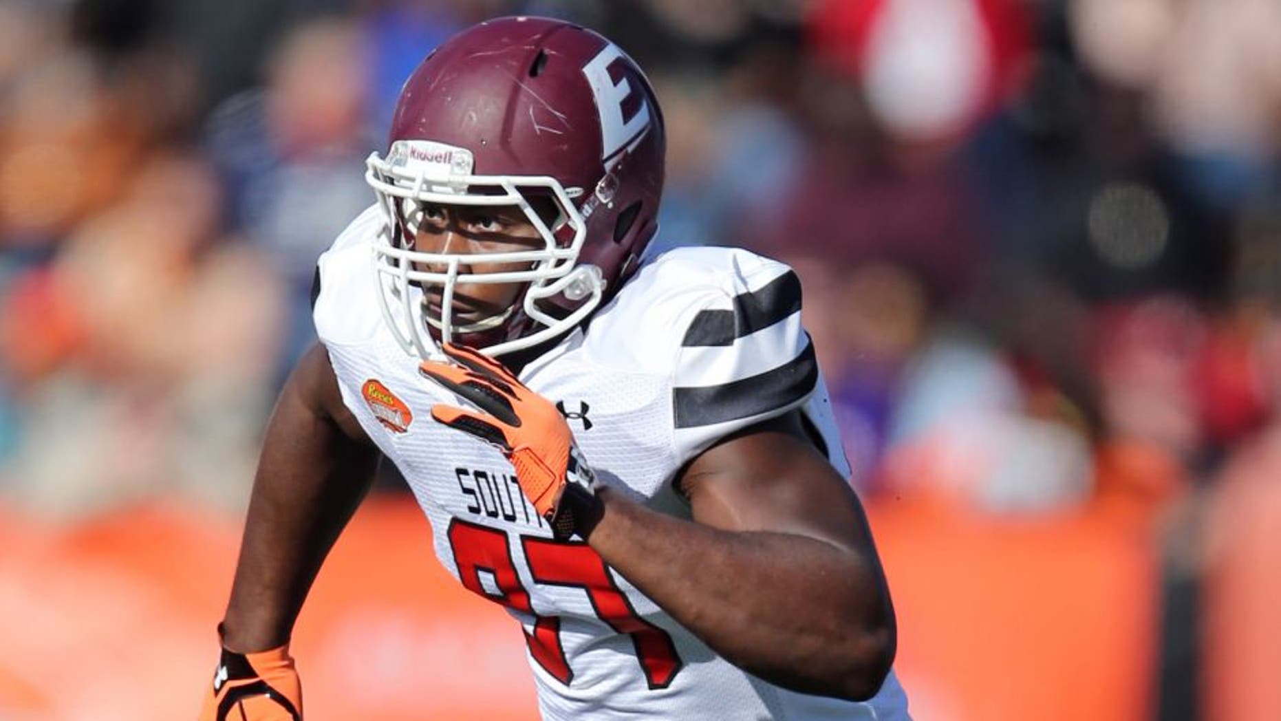 Jan 30, 2016; Mobile, AL, USA; South squad defensive end Noah Spence of Eastern Kentucky (97) in the second quarter of the Senior Bowl at Ladd-Peebles Stadium. Mandatory Credit: Chuck Cook-USA TODAY Sports