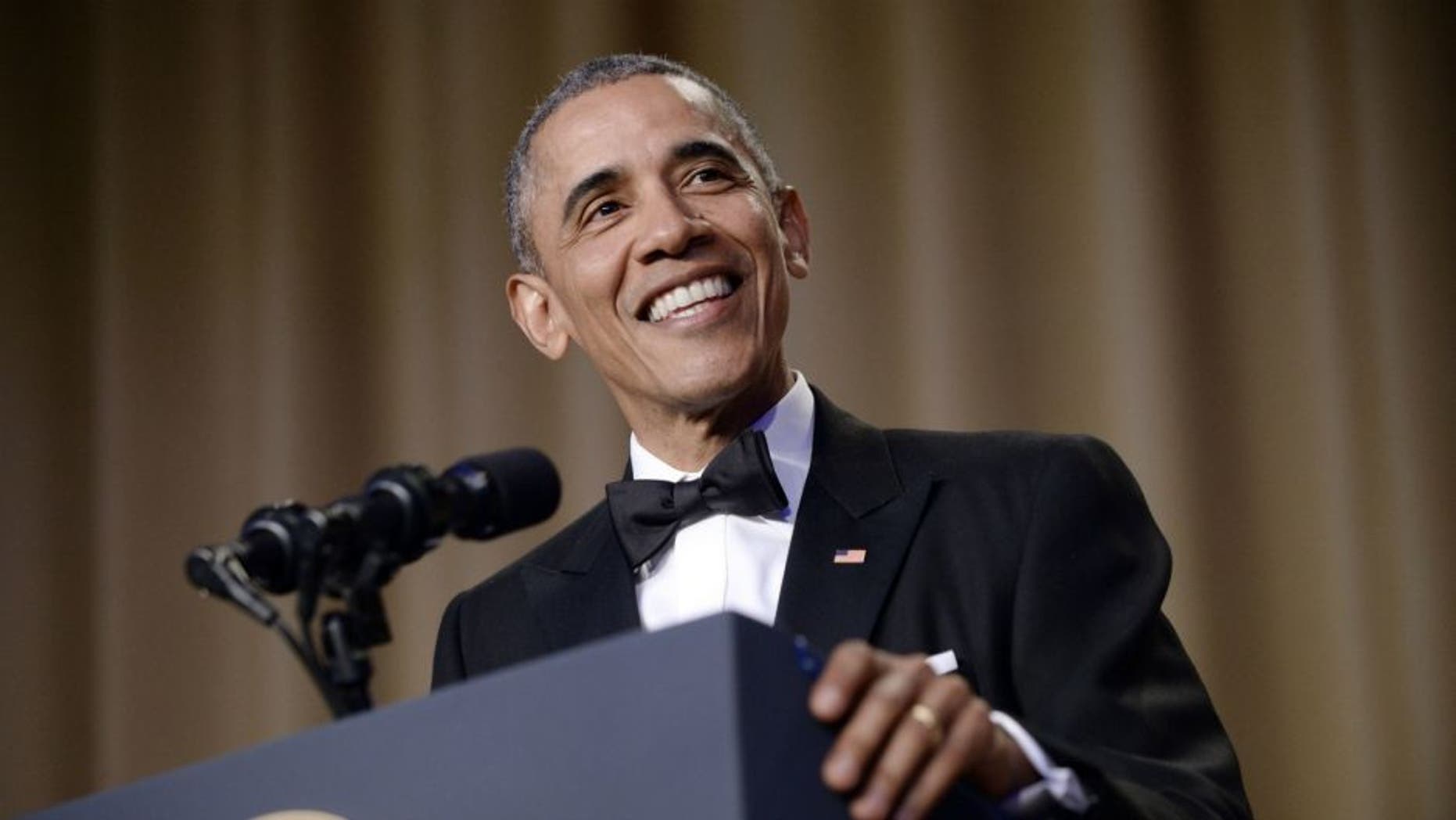 WASHINGTON, DC - APRIL 30: (AFP OUT) President Barack Obama speaks during the White House Correspondents' Association annual dinner on April 30, 2016 at the Washington Hilton hotel in Washington, DC. This is President Obama's eighth and final White House Correspondents' Association dinner (Photo by Olivier Douliery-Pool/Getty Images)