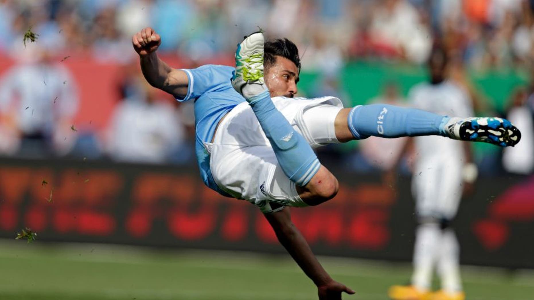 Apr 30, 2016; New York, NY, USA; New York City FC forward David Villa (7) watches his second goal during the first half against the Vancouver Whitecaps at Yankee Stadium. Mandatory Credit: Adam Hunger-USA TODAY Sports
