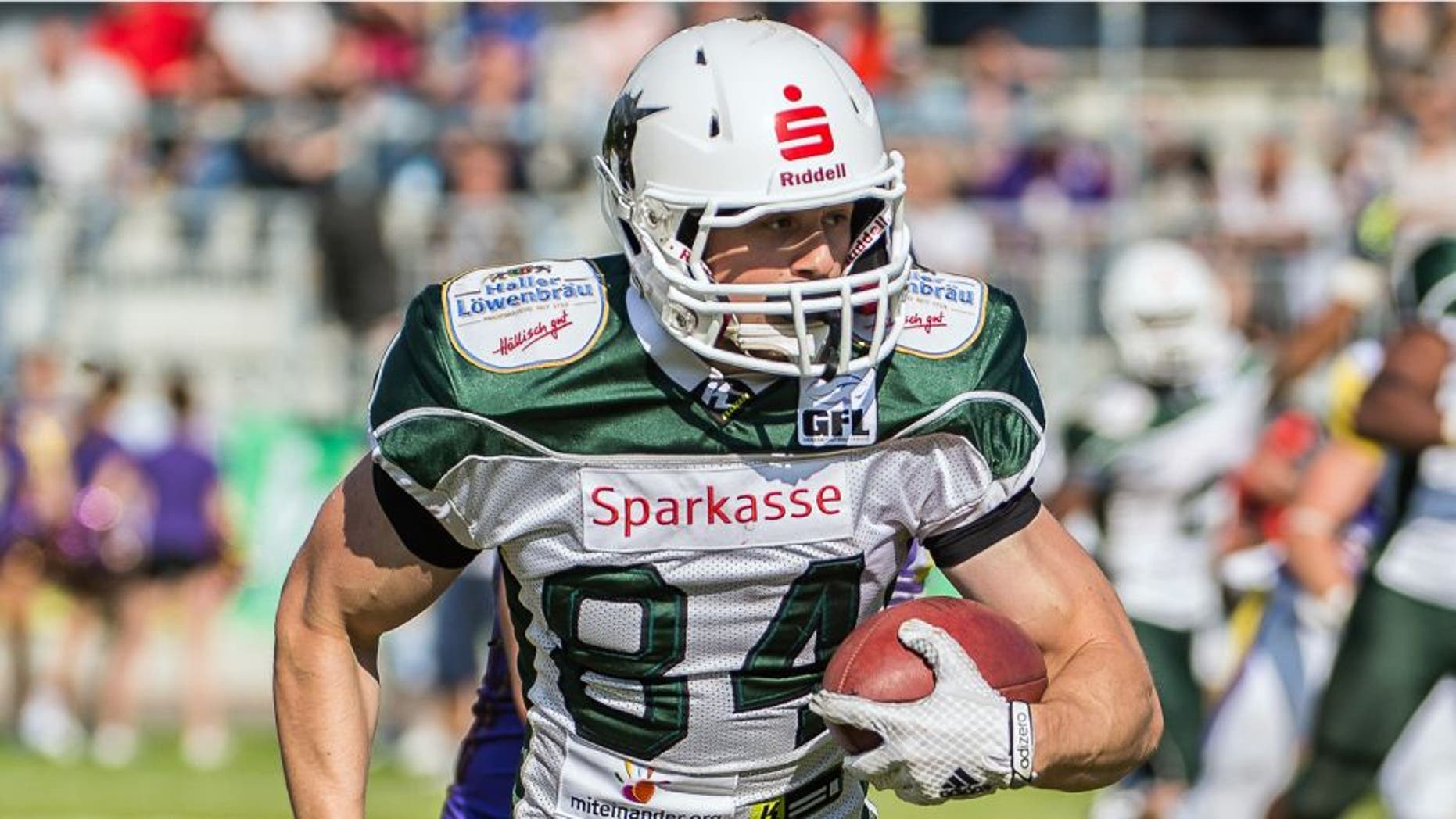 Moritz Boehringer, Wide Receiver of Schwaebisch Hall Unicorns, during a match between Schwaebisch Hall Unicorns and Vienna Vikings in Vienna, Austria, 17 May 2015. With a 45:23 victory, the team qualified for the Eurobowl for the first time. Boehringer is said to have realistic chances to be drafted during the draft in Chicago on Saturday. The 22-year-old would be the first German from the German Football League to receive a contract. Photo by: Manfred Löffler/picture-alliance/dpa/AP Images