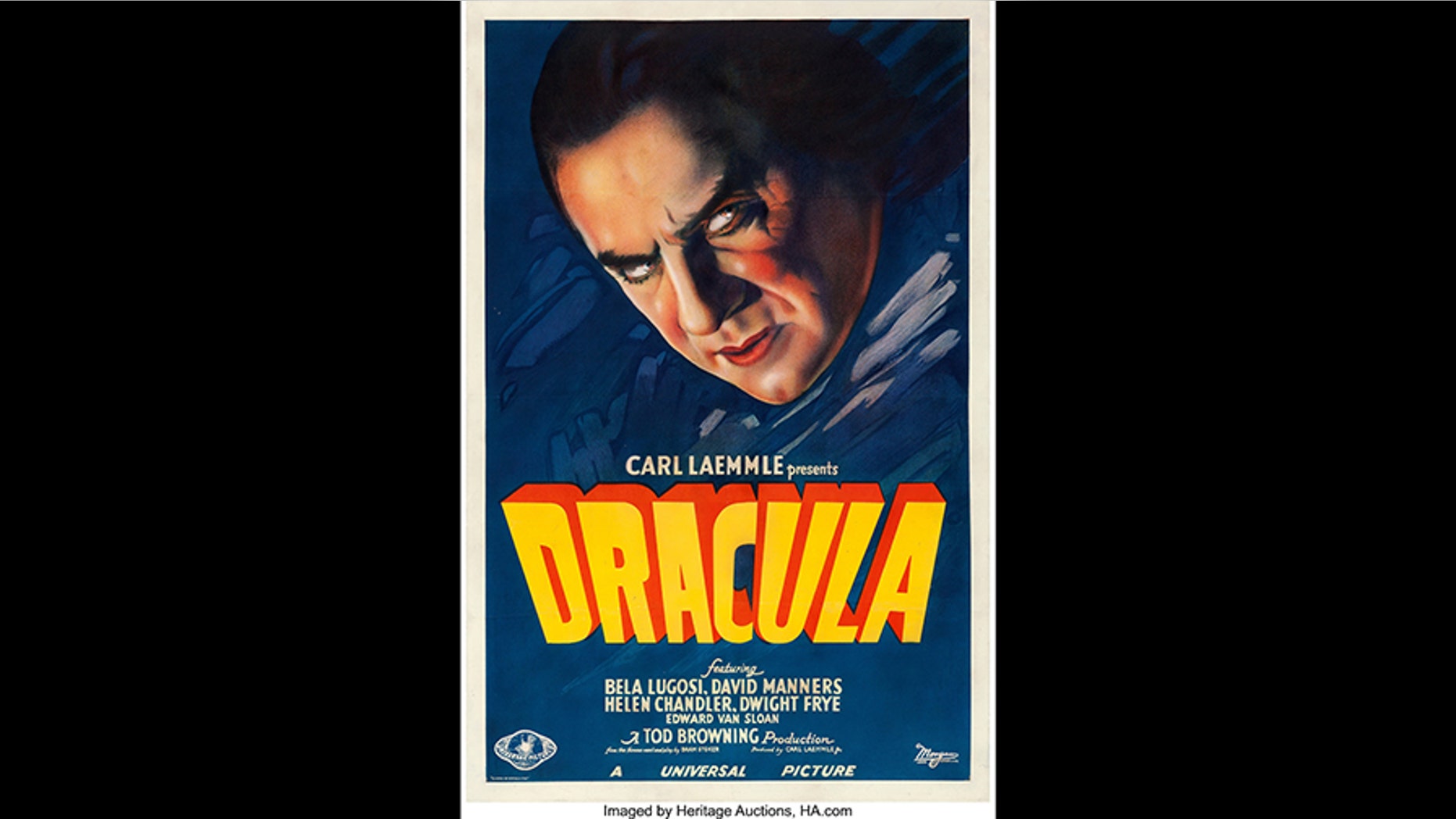 A rare poster for the 1931 horror film “Dracula” has sold for $525,800. Dallas-based Heritage Auctions said the sale on Saturday appears to be the highest amount a movie poster has garnered at auction. Heritage says the poster, which features the image of actor Bela Lugosi as Dracula, is one of only two known surviving of that particular version. (Photo Courtesy Heritage Auctions via AP)