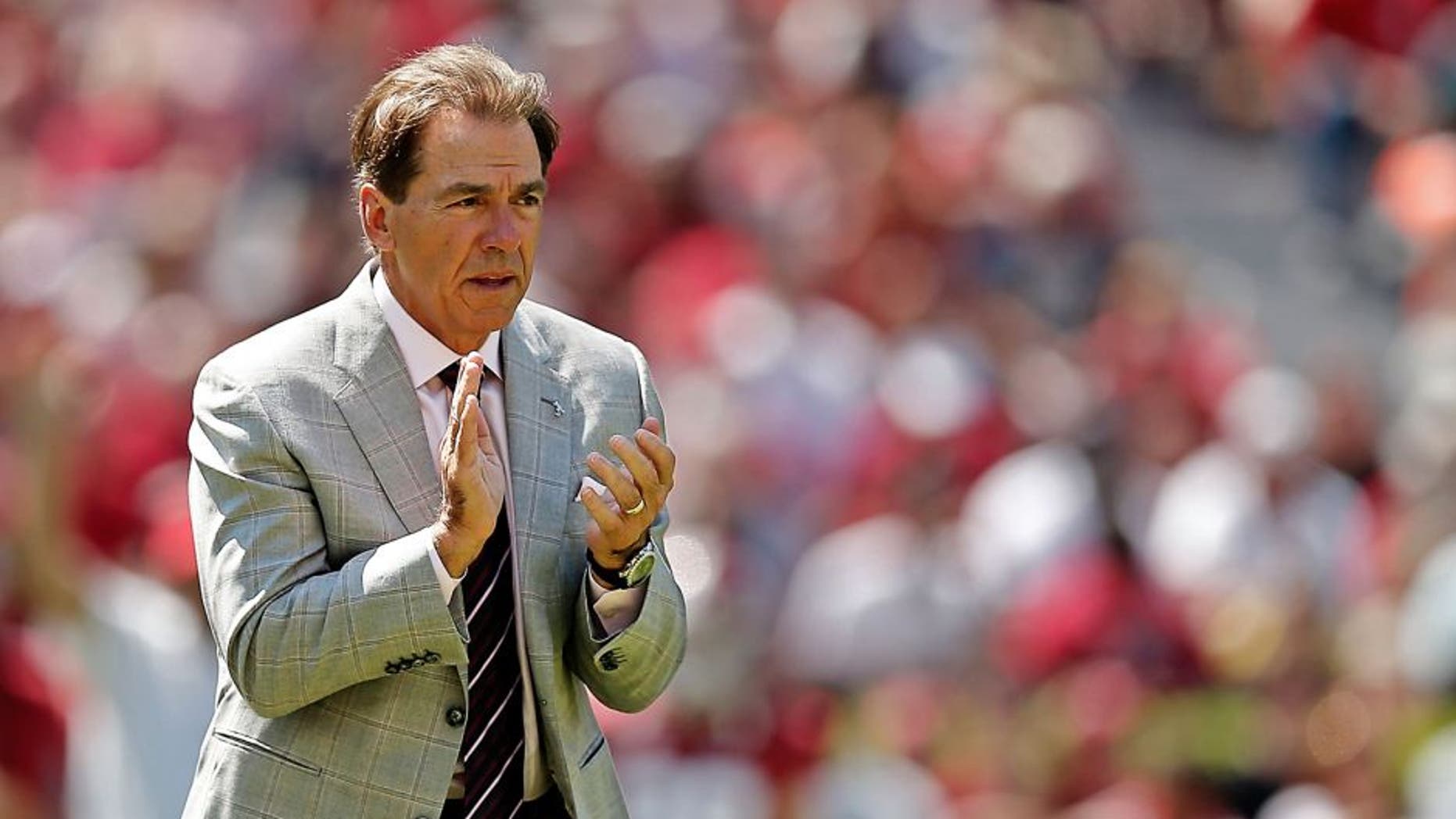 TUSCALOOSA, AL - APRIL 19: Head coach Nick Saban of the Alabama Crimson Tide watches action during the Alabama A-Day spring game at Bryant-Denny Stadium on April 19, 2014 in Tuscaloosa, Alabama. (Photo by Stacy Revere/Getty Images)