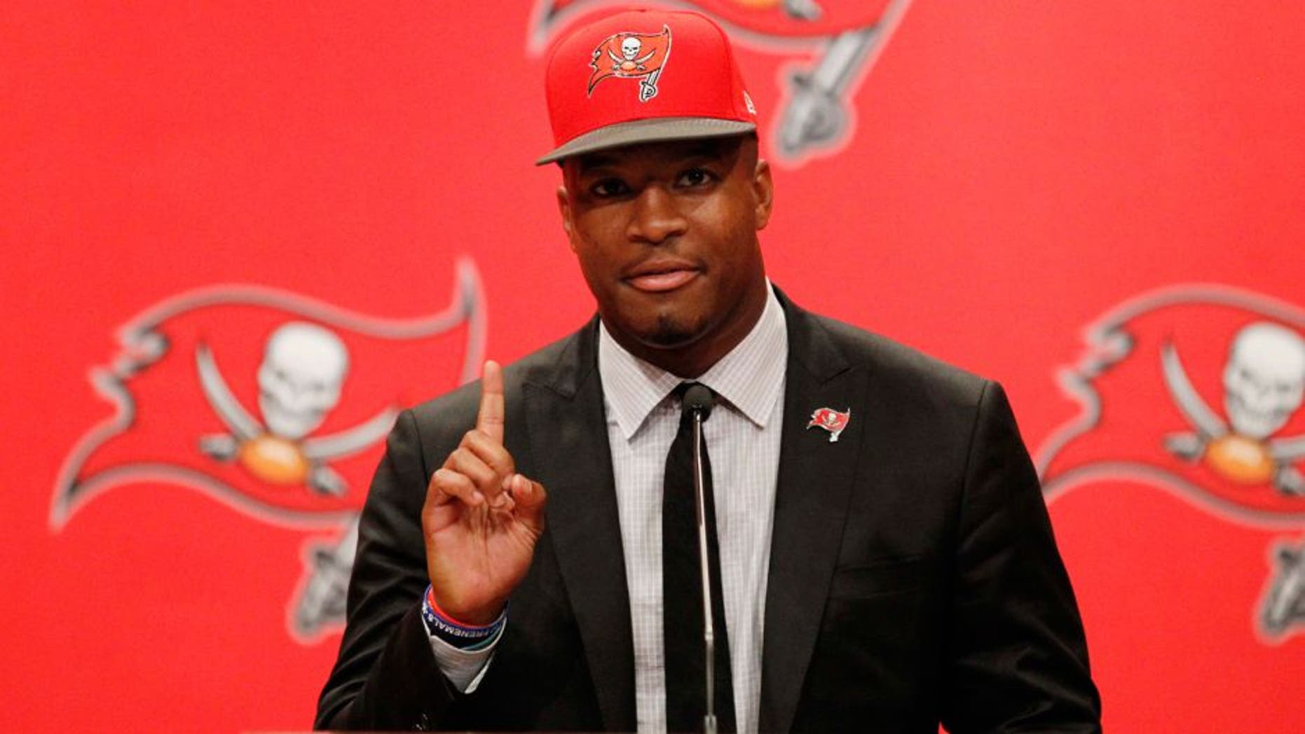 May 1, 2015; Tampa, FL, USA; Tampa Bay Buccaneers quarterback Jameis Winston (3) is introduced at a press conference at One Buc Place the day after being selected as the number one overall pick in the 2015 NFL Draft. Mandatory Credit: Kim Klement-USA TODAY Sports