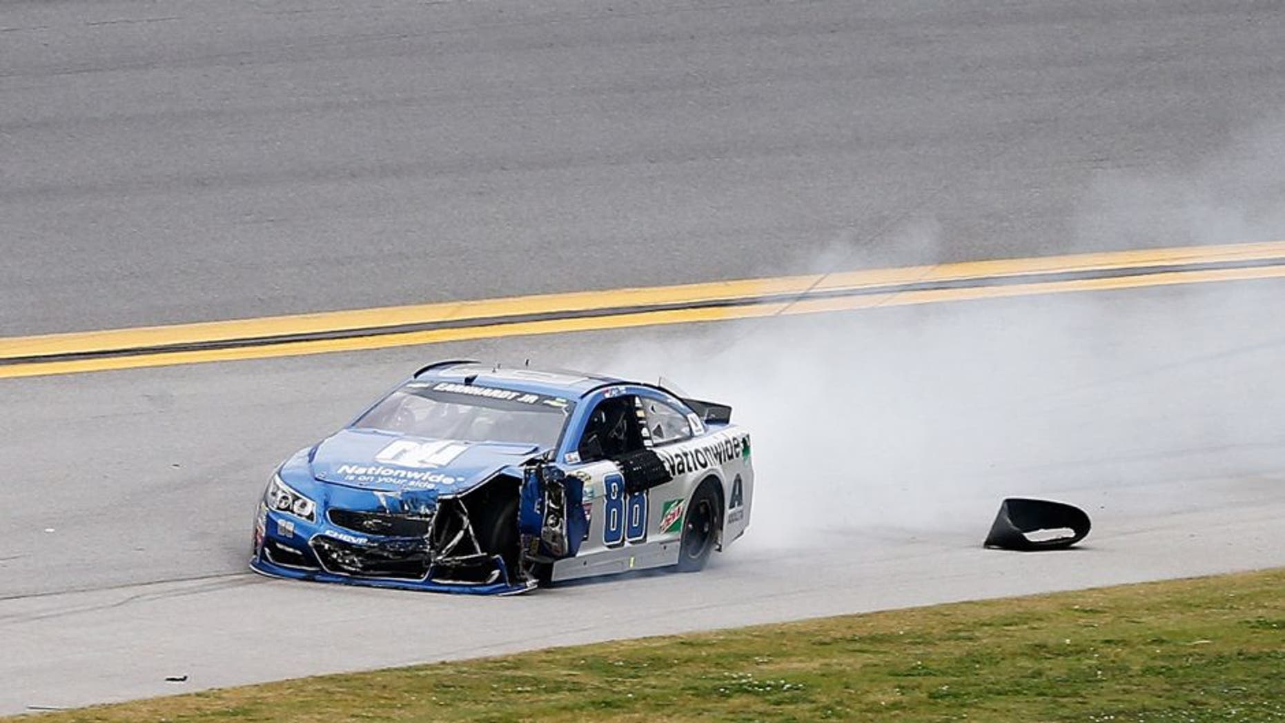 TALLADEGA, AL - MAY 01: Dale Earnhardt Jr, driver of the #88 Nationwide Chevrolet, drives on the apron after an on track incident during the NASCAR Sprint Cup Series GEICO 500 at Talladega Superspeedway on May 1, 2016 in Talladega, Alabama. (Photo by Brian Lawdermilk/Getty Images)