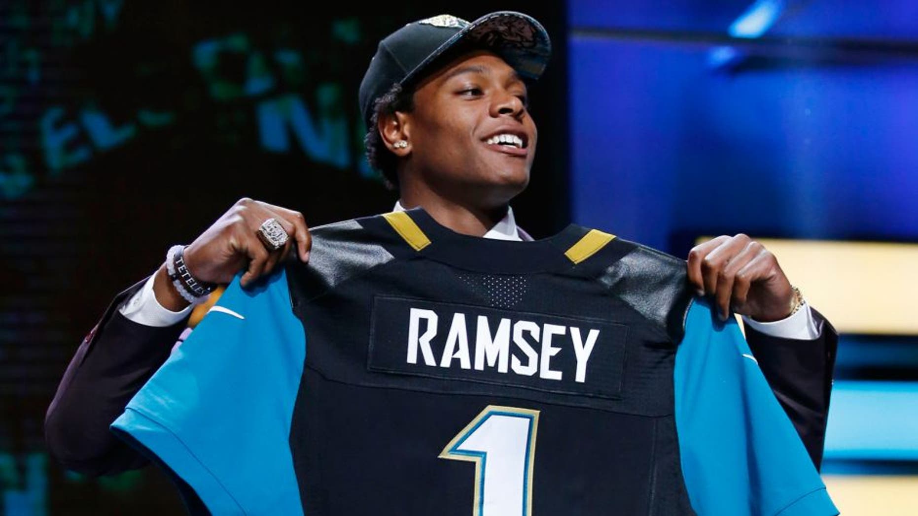 Apr 28, 2016; Chicago, IL, USA; Jalen Ramsey (Florida State) is selected by the Jacksonville Jaguars as the number five overall pick in the first round of the 2016 NFL Draft at Auditorium Theatre. Mandatory Credit: Kamil Krzaczynski-USA TODAY Sports
