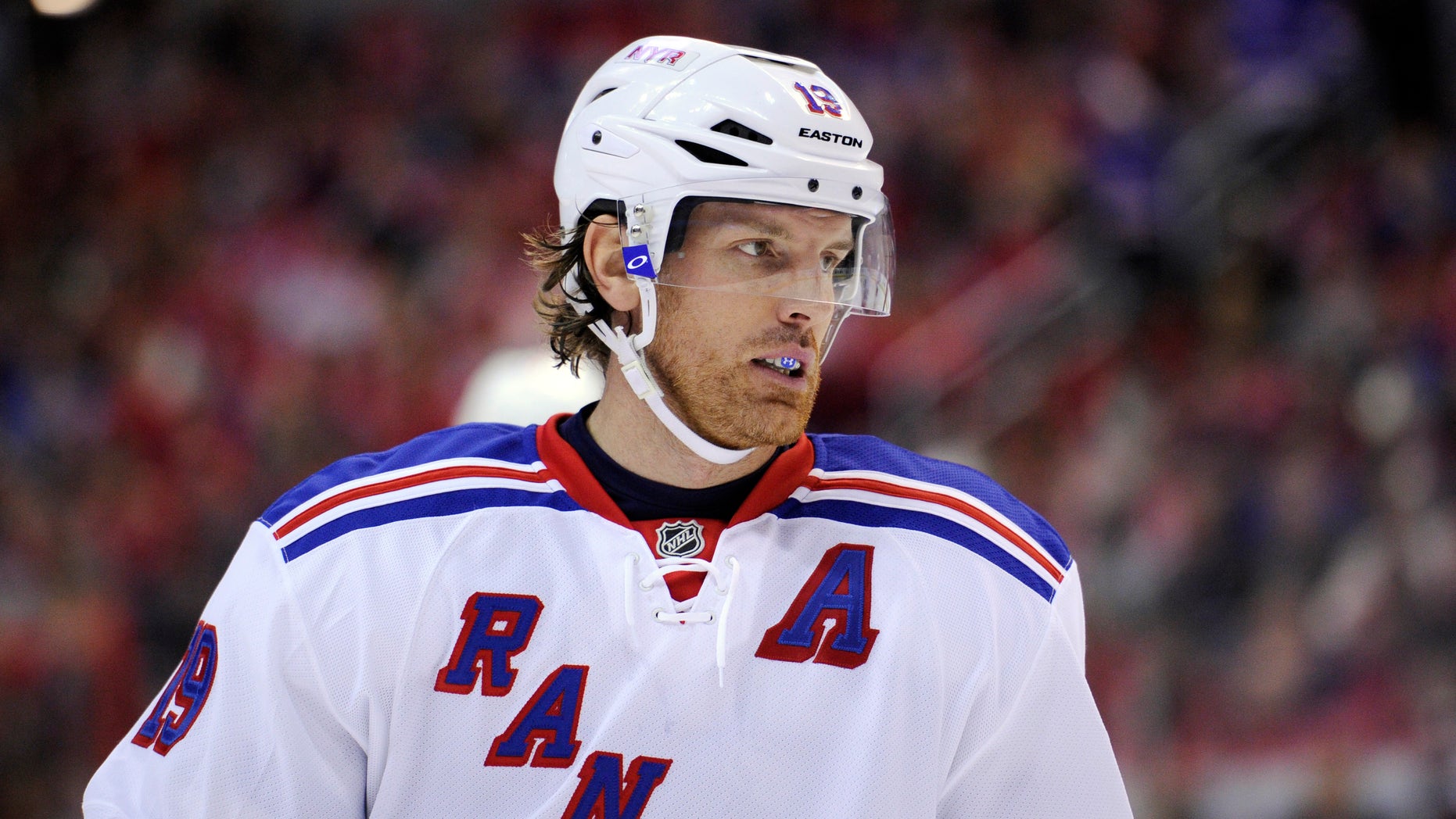 FILE - In this March 10, 2013, file photo, New York Rangers center Brad Richards looks on during the second period of an NHL hockey game against the Washington Capitals in Washington. The struggling center says he will be a healthy scratch Thursday night as New York faces elimination in Game 4 of the Eastern Conference semifinals of the NHL's Stanley Cup playoffs against the Boston Bruins. (AP Photo/Nick Wass, File)