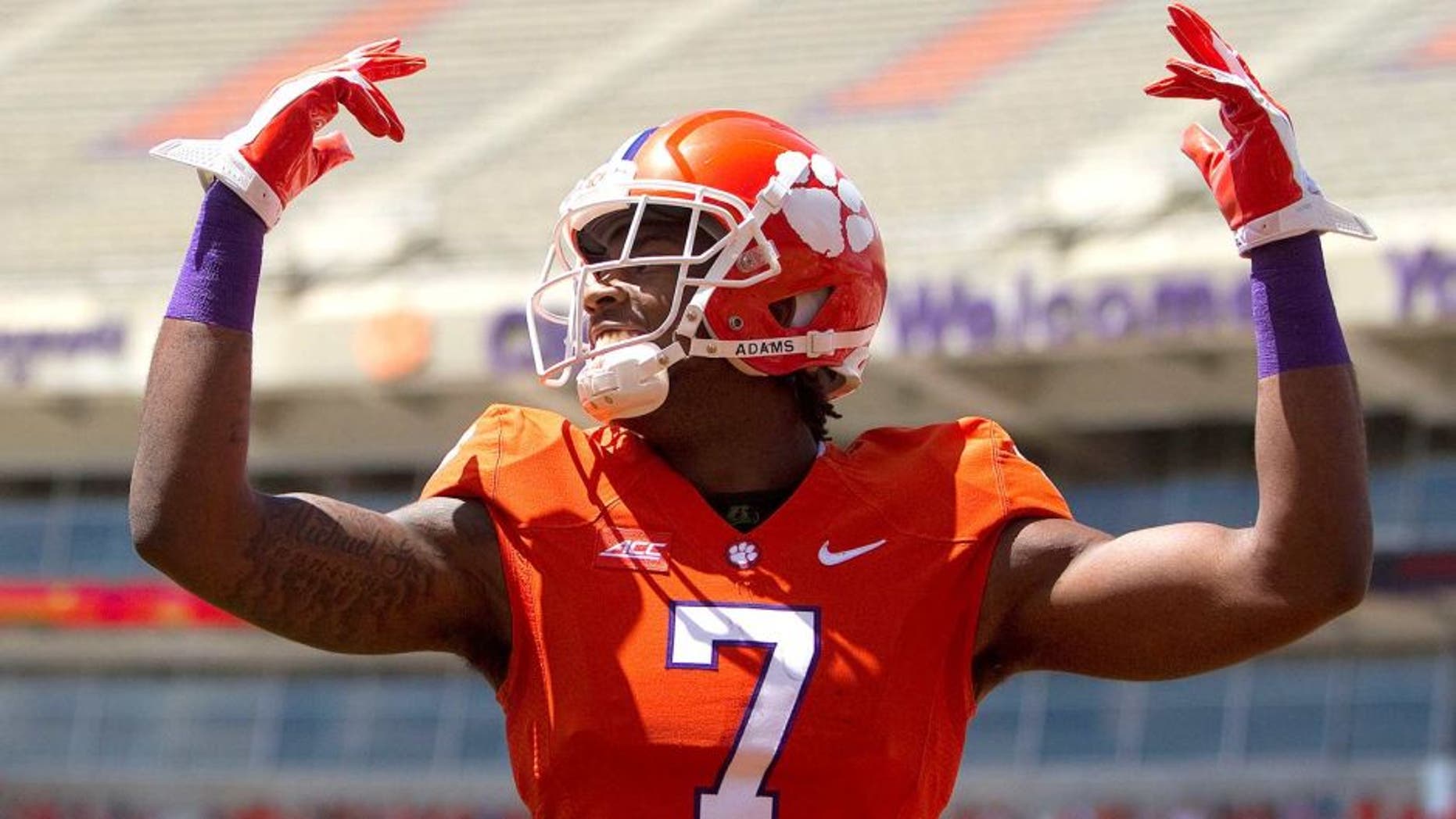 Apr 11, 2015; Clemson, SC, USA; Clemson Tigers wide receiver Mike Williams (7) celebrates after scoring a touchdown during the first half of the Clemson spring game at Clemson Memorial Stadium. Mandatory Credit: Joshua S. Kelly-USA TODAY Sports