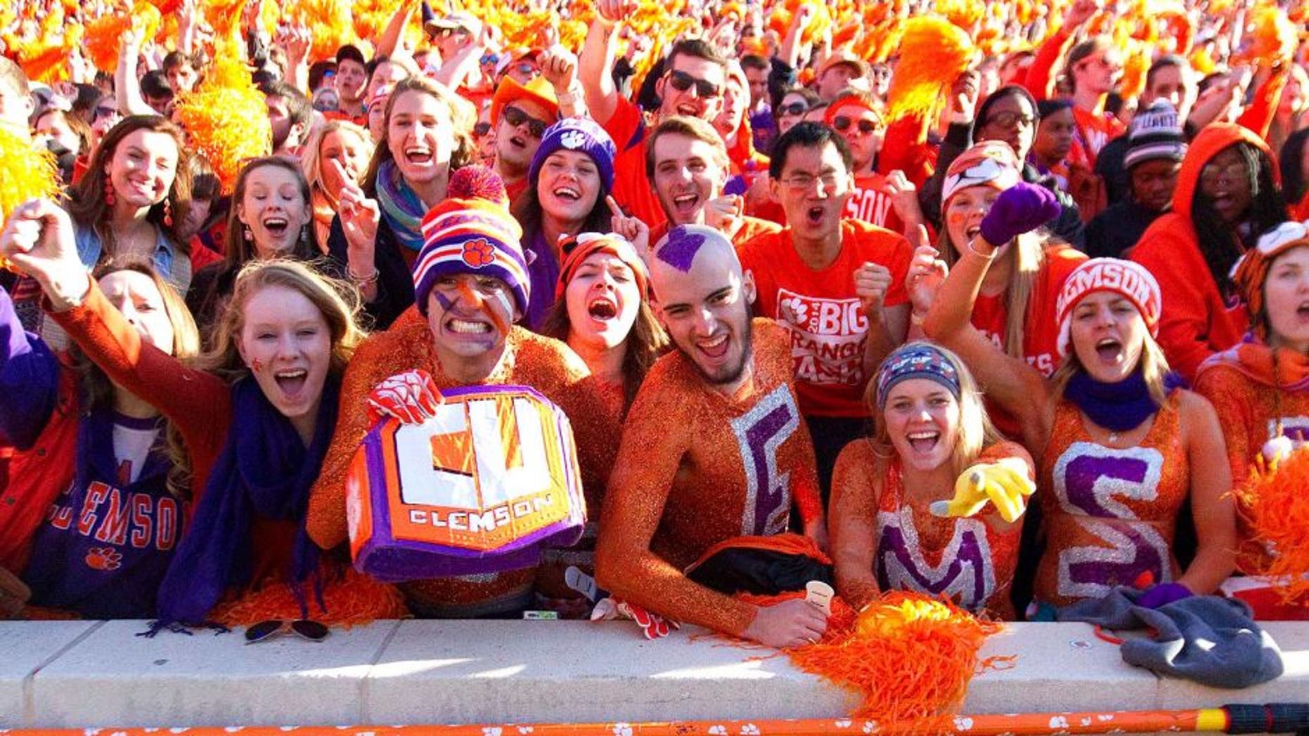 Nov 29, 2014; Clemson, SC, USA; Clemson Tigers fans celebrate during the fourth quarter of the game against the South Carolina Gamecocks at Clemson Memorial Stadium. Tigers won 35-17. Mandatory Credit: Joshua S. Kelly-USA TODAY Sports