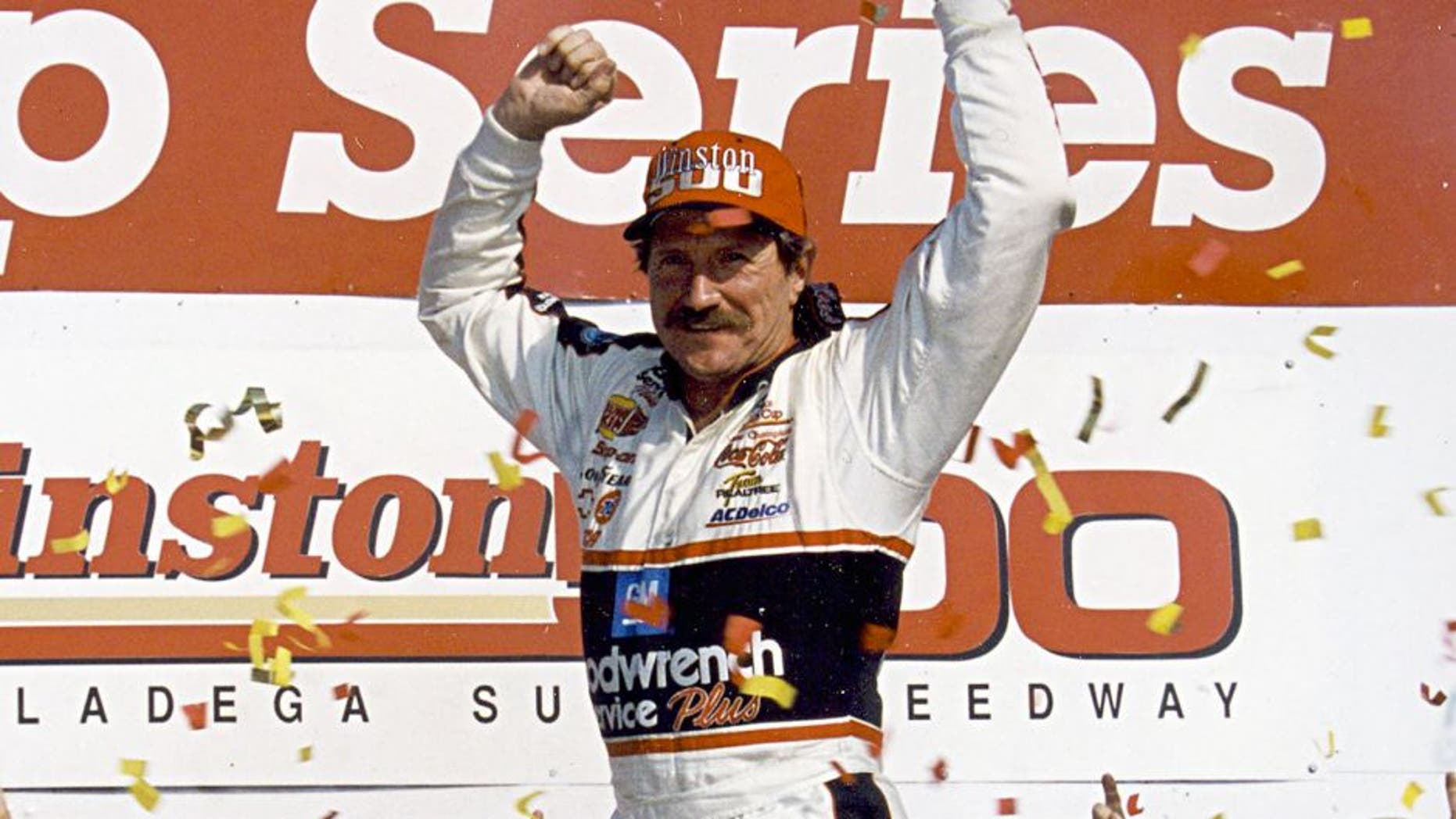 TALLADEGA, AL - OCTOBER 15, 2000: Dale Earnhardt celebrates his win in the Winston 500 NASCAR Cup race at Talladega Superspeedway. It would be the final Cup win of his career. (Photo by ISC Images & Archives via Getty Images)