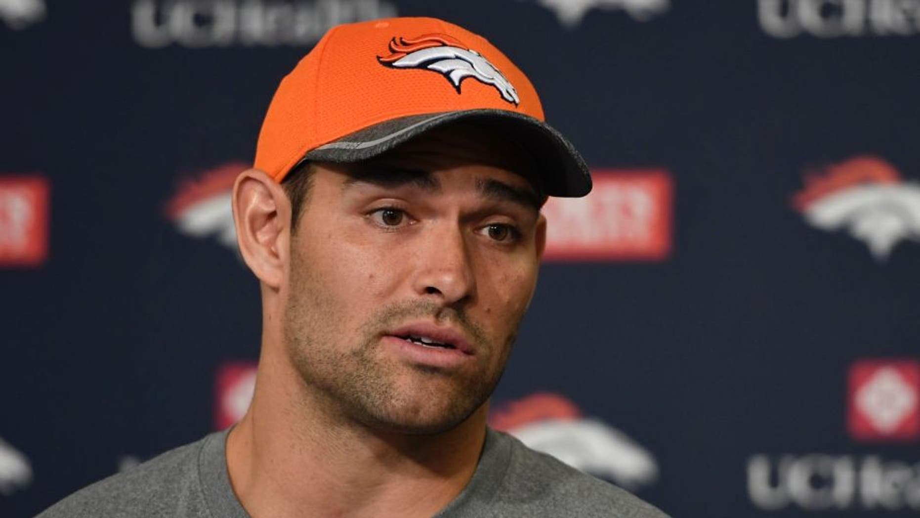 ENGLEWOOD, CO - MAY 02: Denver Broncos QB Mark Sanchez addresses the media during a press conference May 2, 2016 at UCHealth Training Facility as part of the offseason workout program. (Photo By John Leyba/The Denver Post via Getty Images)