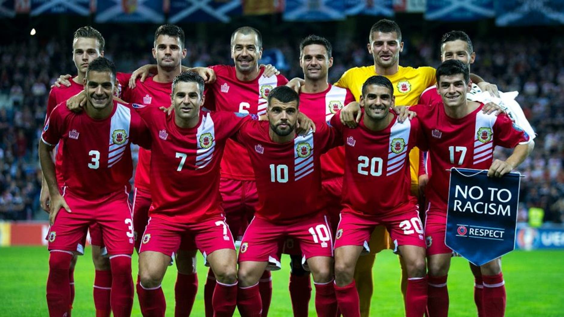 FARO, PORTUGAL - OCTOBER 11: Gibraltar line up prior to start the UEFA EURO 2016 Qualifying round Group G match between Gibraltar and Scotland at Estadio Algarve on October 11, 2015 in Faro, Portugal. (Photo by Gonzalo Arroyo Moreno/Getty Images)