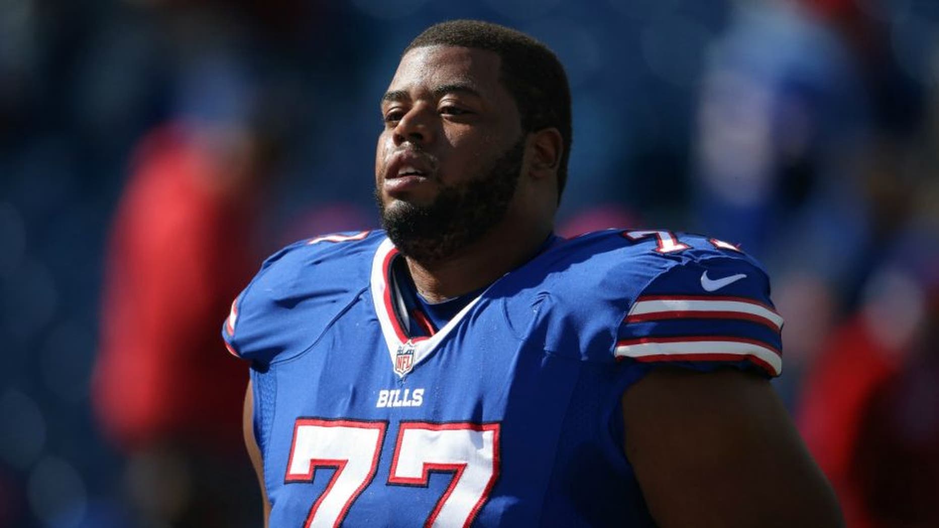 ORCHARD PARK, NY - OCTOBER 18: Cordy Glenn #77 of the Buffalo Bills as he warms up before playing against the Cincinnati Bengals during NFL game action at Ralph Wilson Stadium on October 18, 2015 in Orchard Park, New York. (Photo by Tom Szczerbowski/Getty Images) *** Local Caption *** Cordy Glenn
