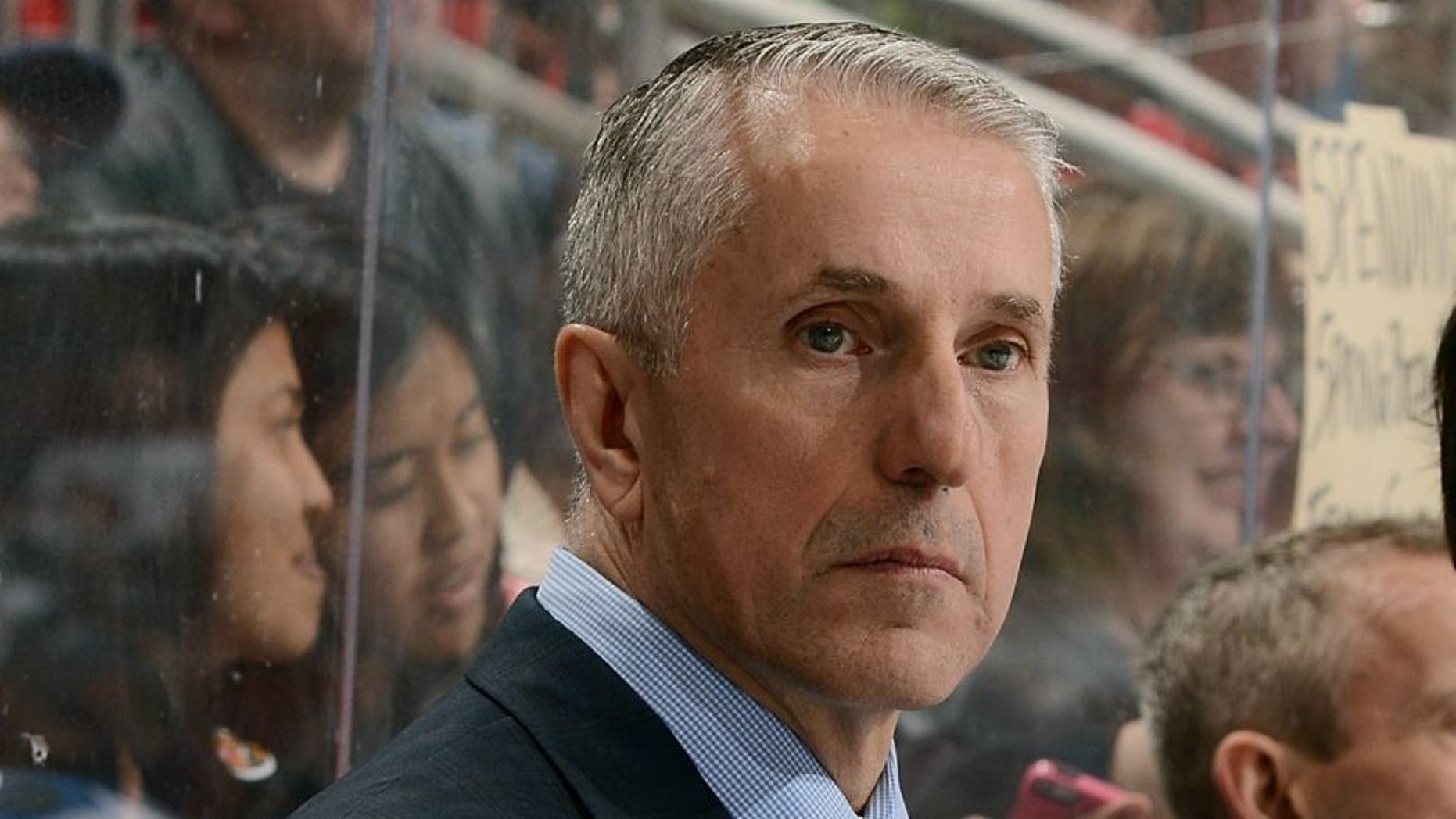 against the Calgary Flames at Gila River Arena on March 28, 2016 in Glendale, Arizona.,GLENDALE, AZ - MARCH 28: Head coach Bob Hartley of the Calgary Flames looks on from the bench during third period action against the Arizona Coyotes at Gila River Arena on March 28, 2016 in Glendale, Arizona. (Photo by Norm Hall/NHLI via Getty Images)
