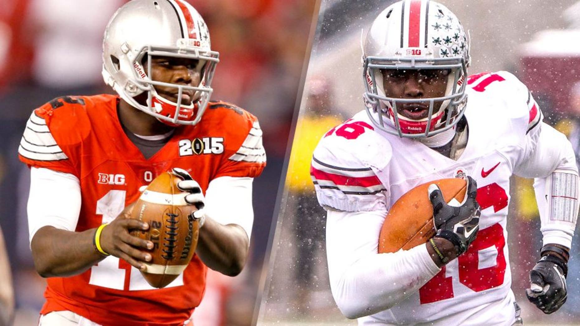 Caption: Jan 12, 2015; Arlington, TX, USA; Ohio State Buckeyes quarterback Cardale Jones (12) in game action against the Oregon Ducks in the 2015 CFP National Championship Game at AT&T Stadium. Ohio State won 42-20. Mandatory Credit: Tim Heitman-USA TODAY Sports Nov 15, 2014; Minneapolis, MN, USA; Ohio State Buckeyes quarterback J.T. Barrett (16) rushes with the ball for a first down in the first half against the Minnesota Golden Gophers at TCF Bank Stadium. Mandatory Credit: Jesse Johnson-USA TODAY Sports