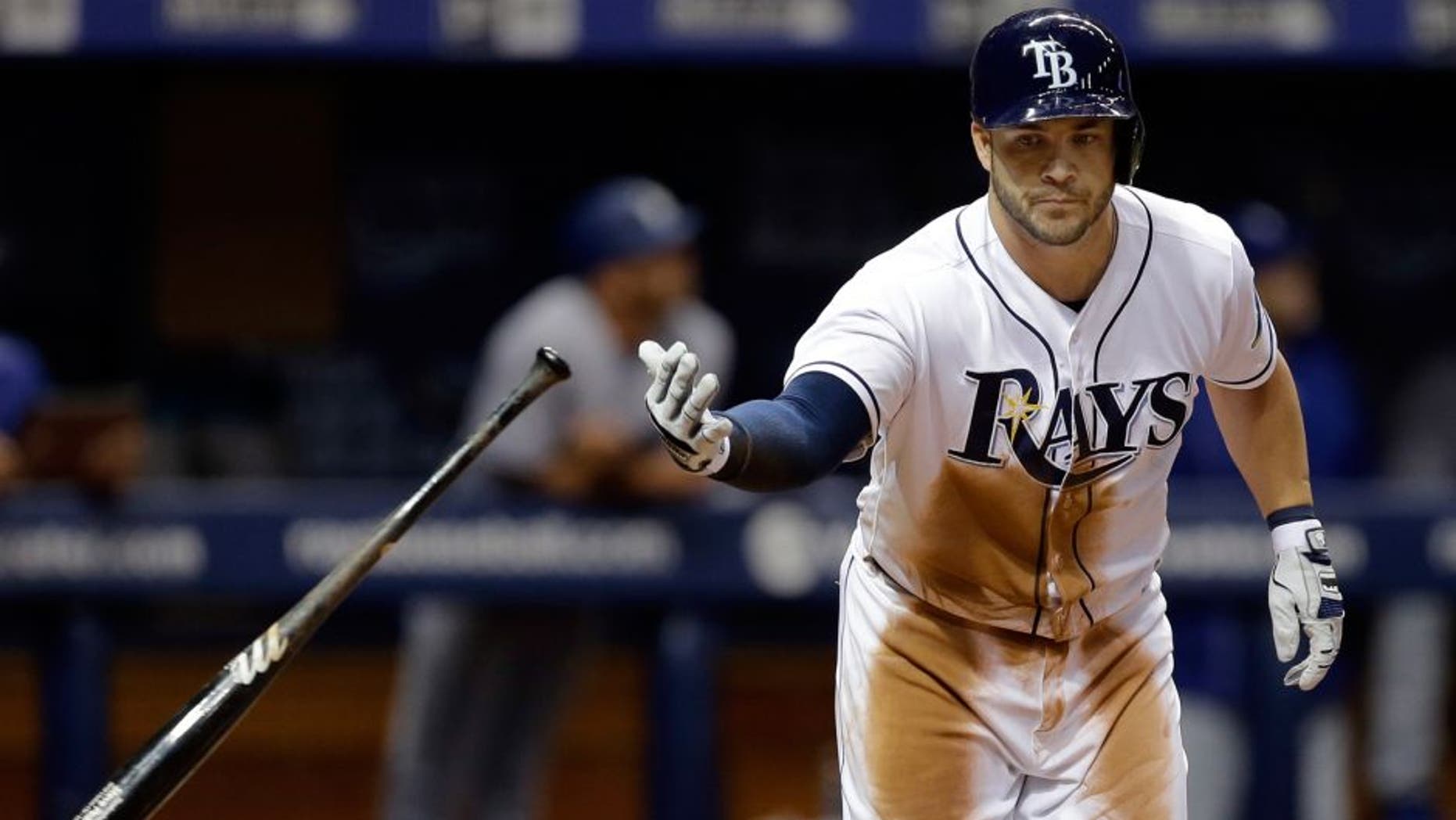 Tampa Bay Rays' Steve Pearce flips his bat after hitting a three-run home run off Los Angeles Dodgers starting pitcher Alex Wood during the sixth inning of an interleague baseball game Wednesday, May 4, 2016, in St. Petersburg, Fla. Rays' Brandon Guyer and Evan Longoria also scored. (AP Photo/Chris O'Meara)