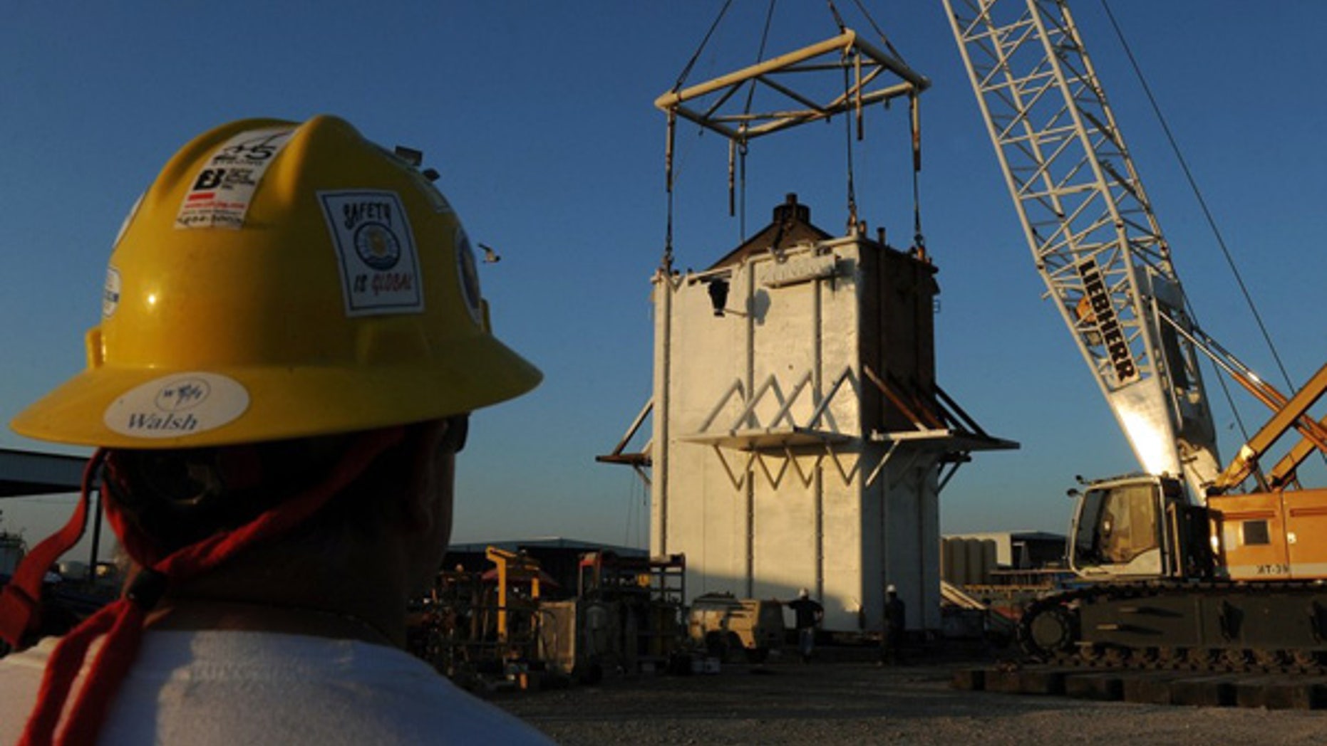 May 4: Workers put the finishing touches on the Pollution Control Dome in Port Fourchon.