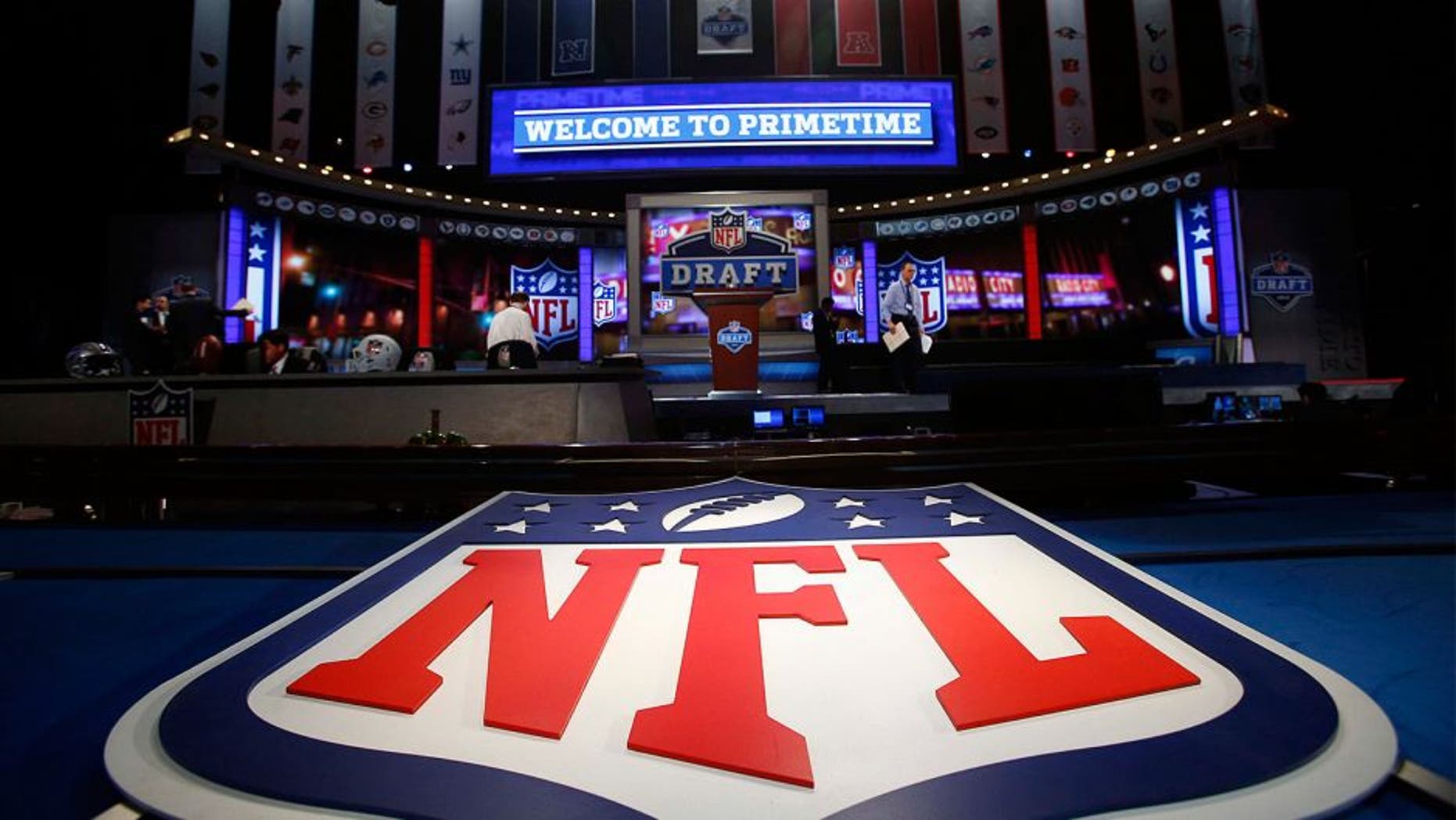 Apr 25, 2013; New York, NY, USA; A general view of the NFL shield logo and main stage before the 2013 NFL Draft at Radio City Music Hall. Mandatory Credit: Jerry Lai-USA TODAY Sports