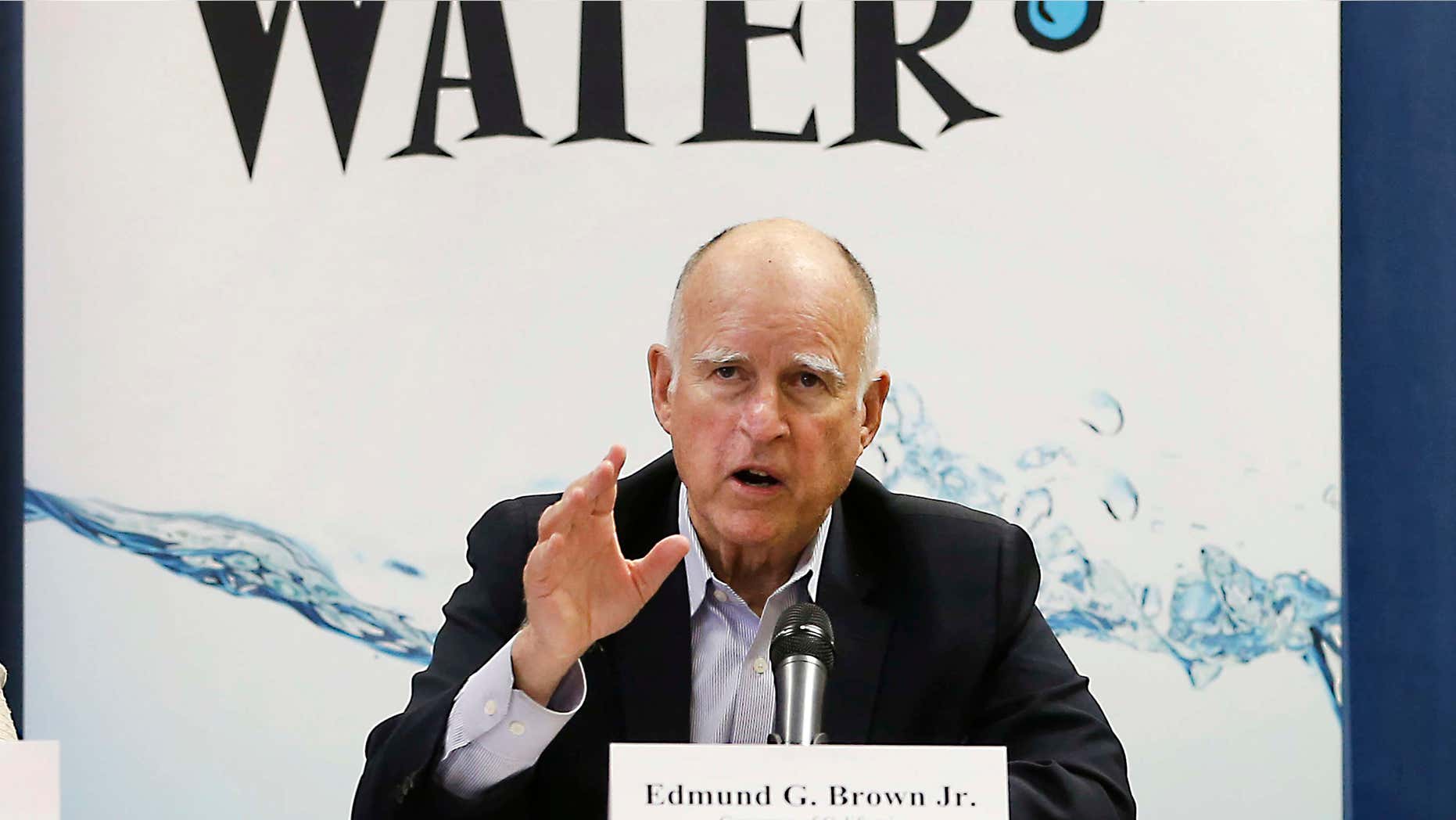 April 16, 2015: California Gov. Jerry Brown talks with reporters after a meeting about the drought at his Capitol office in Sacramento, Calif.