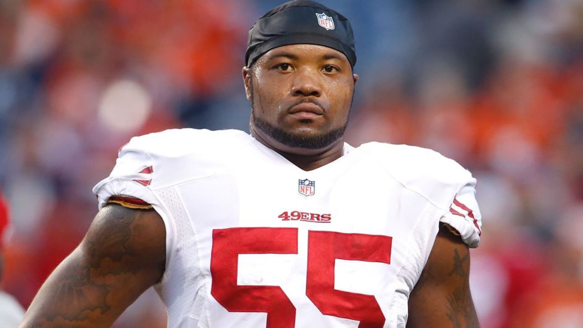 Oct 19, 2014; Denver, CO, USA; San Francisco 49ers outside linebacker Ahmad Brooks (55) before the game against the Denver Broncos at Sports Authority Field at Mile High. Mandatory Credit: Chris Humphreys-USA TODAY Sports