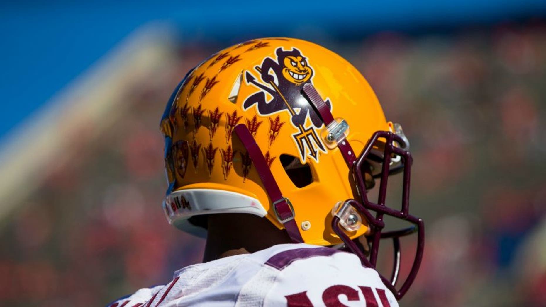 Nov 28, 2014; Tucson, AZ, USA; Detailed view of an Arizona State Sun Devils helmet against the Arizona Wildcats during the 88th annual territorial cup at Arizona Stadium. Mandatory Credit: Mark J. Rebilas-USA TODAY Sports
