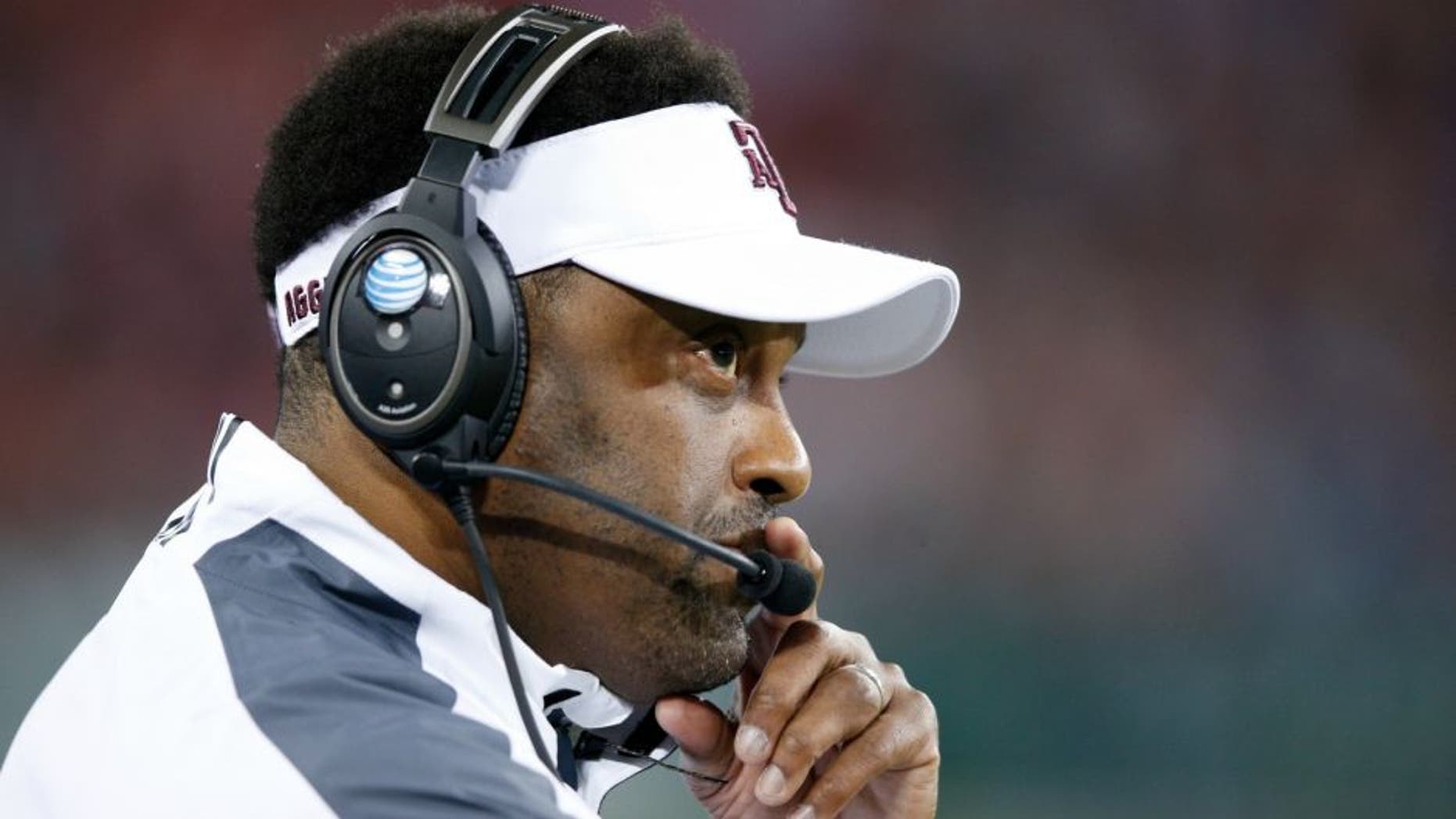 NASHVILLE, TN - DECEMBER 30: Head coach Kevin Sumlin of the Texas A&M Aggies looks on against the Louisville Cardinals during the Franklin American Mortgage Music City Bowl at Nissan Stadium on December 30, 2015 in Nashville, Tennessee. Louisville defeated Texas A&M 27-21. (Photo by Joe Robbins/Getty Images)