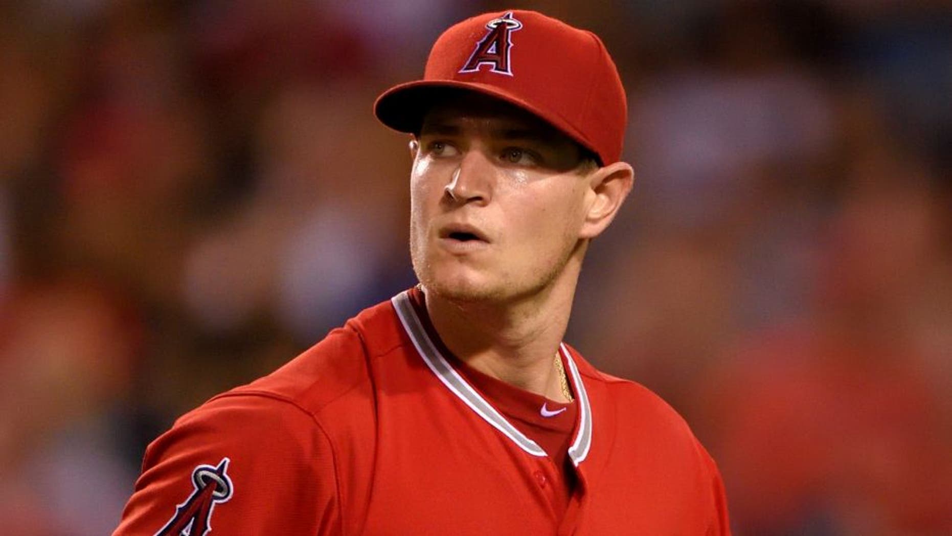 ANAHEIM, CA - SEPTEMBER 25: Garrett Richards #43 of the Los Angeles Angels of Anaheim reacts during the sixth inning of the game against the Seattle Mariners at Angel Stadium of Anaheim on September 25, 2015 in Anaheim, California. (Photo by Matt Brown/Angels Baseball LP/Getty Images)