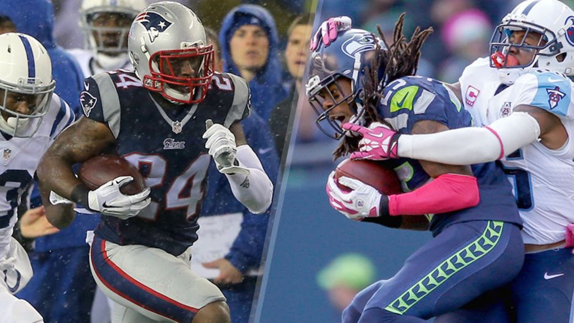 L - FOXBORO, MA - JANUARY 18: Darrelle Revis #24 of the New England Patriots runs with the ball after an interception against the Indianapolis Colts in the second half of the 2015 AFC Championship Game at Gillette Stadium on January 18, 2015 in Foxboro, Massachusetts. (Photo by Elsa/Getty Images) R - SEATTLE, WA - OCTOBER 13: Cornerback Richard Sherman #25 of the Seattle Seahawks intercepts a pass against wide receiver Nate Washington #85 of the Tennessee Titans in the second half at CenturyLink Field on October 13, 2013 in Seattle, Washington. The Seahawks defeated the Titans 20-13. (Photo by Otto Greule Jr/Getty Images)