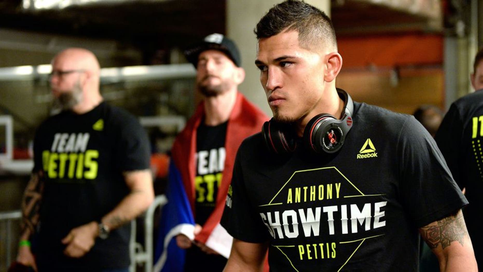 DALLAS, TX - MARCH 14: UFC lightweight champion Anthony Pettis warms up backstage before facing Rafael dos Anjos of Brazil in their UFC lightweight championship bout during the UFC 185 event at the American Airlines Center on March 14, 2015 in Dallas, Texas. (Photo by Mike Roach/Zuffa LLC/Zuffa LLC via Getty Images)