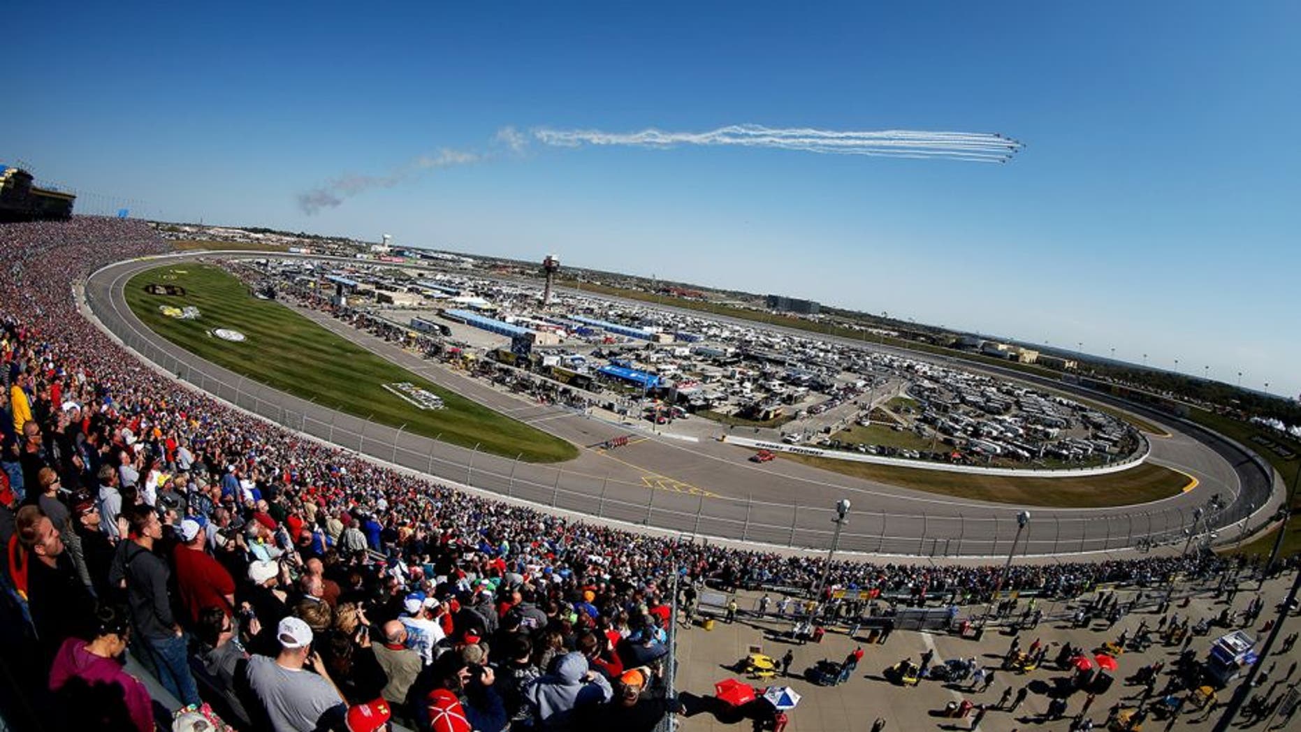 KANSAS CITY, KS - OCTOBER 18: A general view of the speedway as the KC Flight Team perform a flyover prior to the NASCAR Sprint Cup Series Hollywood Casino 400 at Kansas Speedway on October 18, 2015 in Kansas City, Kansas. (Photo by Todd Warshaw/Getty Images)