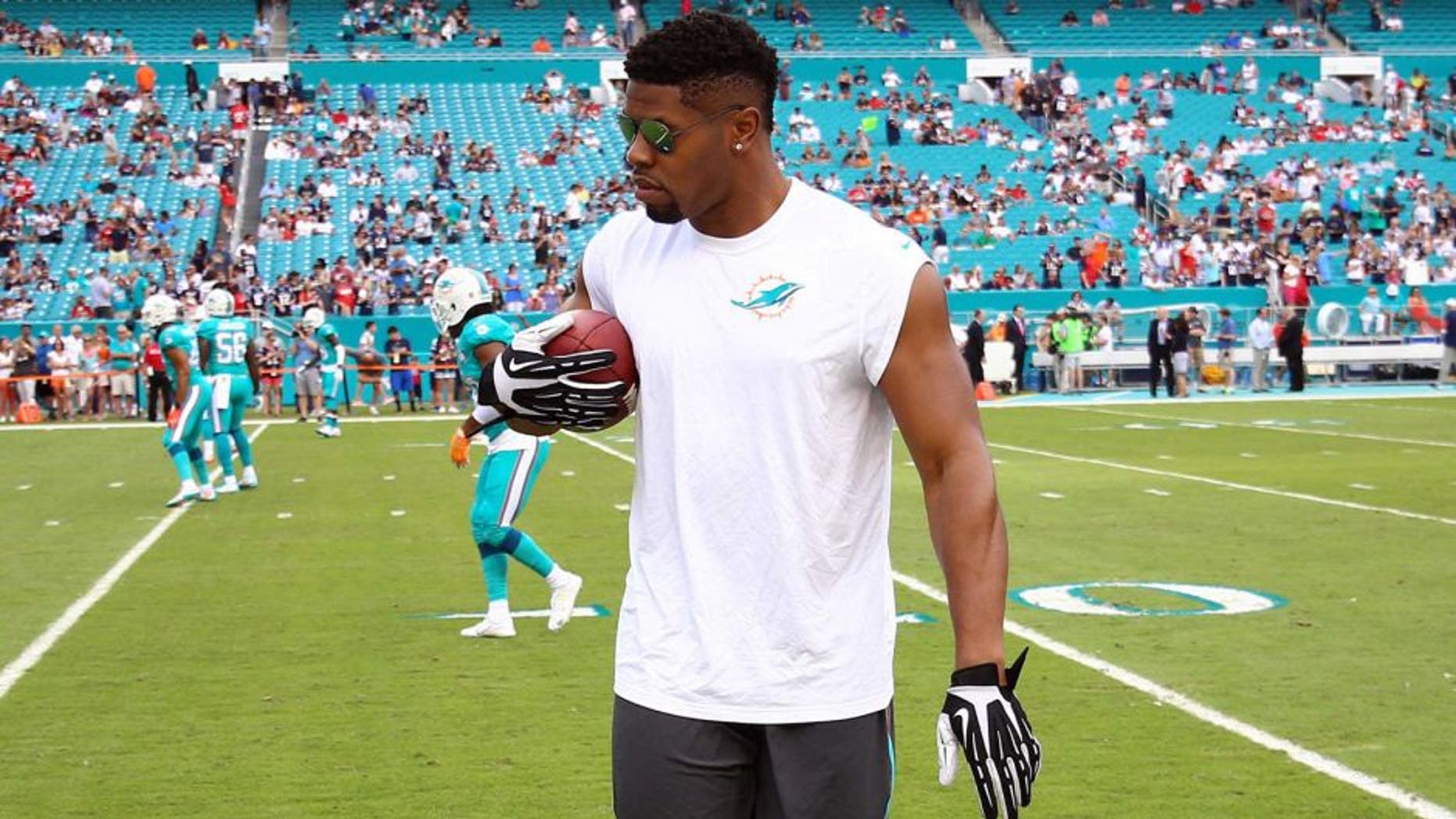 Jan 3, 2016; Miami Gardens, FL, USA; Miami Dolphins defensive end Cameron Wake (91) is seen prior to a game against the New England Patriots at Sun Life Stadium. The Dolphins won 20-10. Mandatory Credit: Steve Mitchell-USA TODAY Sports