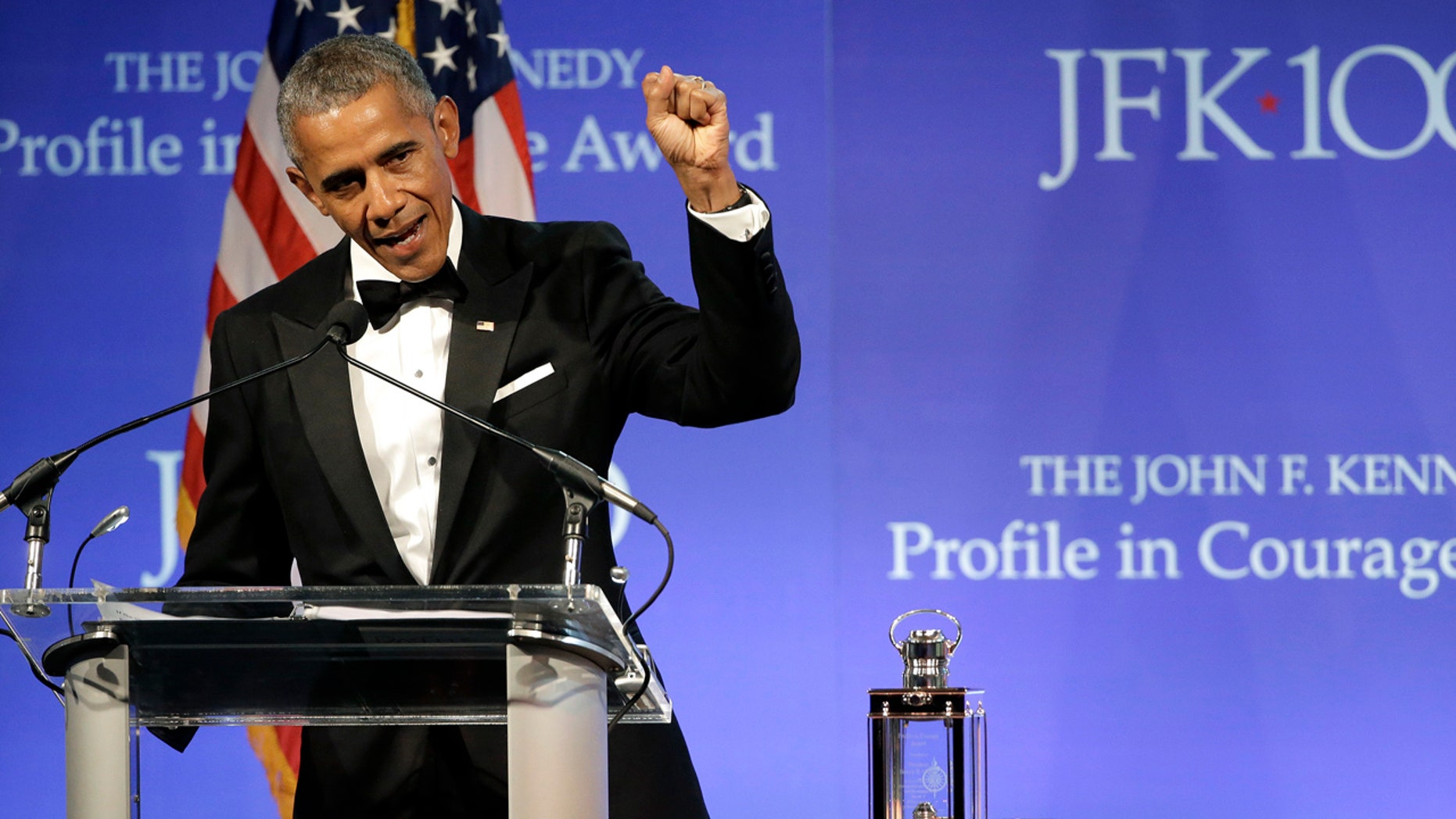 File photo: Former President Barack Obama speaks after being presented with the 2017 Profile in Courage award during ceremonies at the John F. Kennedy Presidential Library and Museum Sunday, May 7, 2017, in Boston. (AP Photo/Steven Senne)