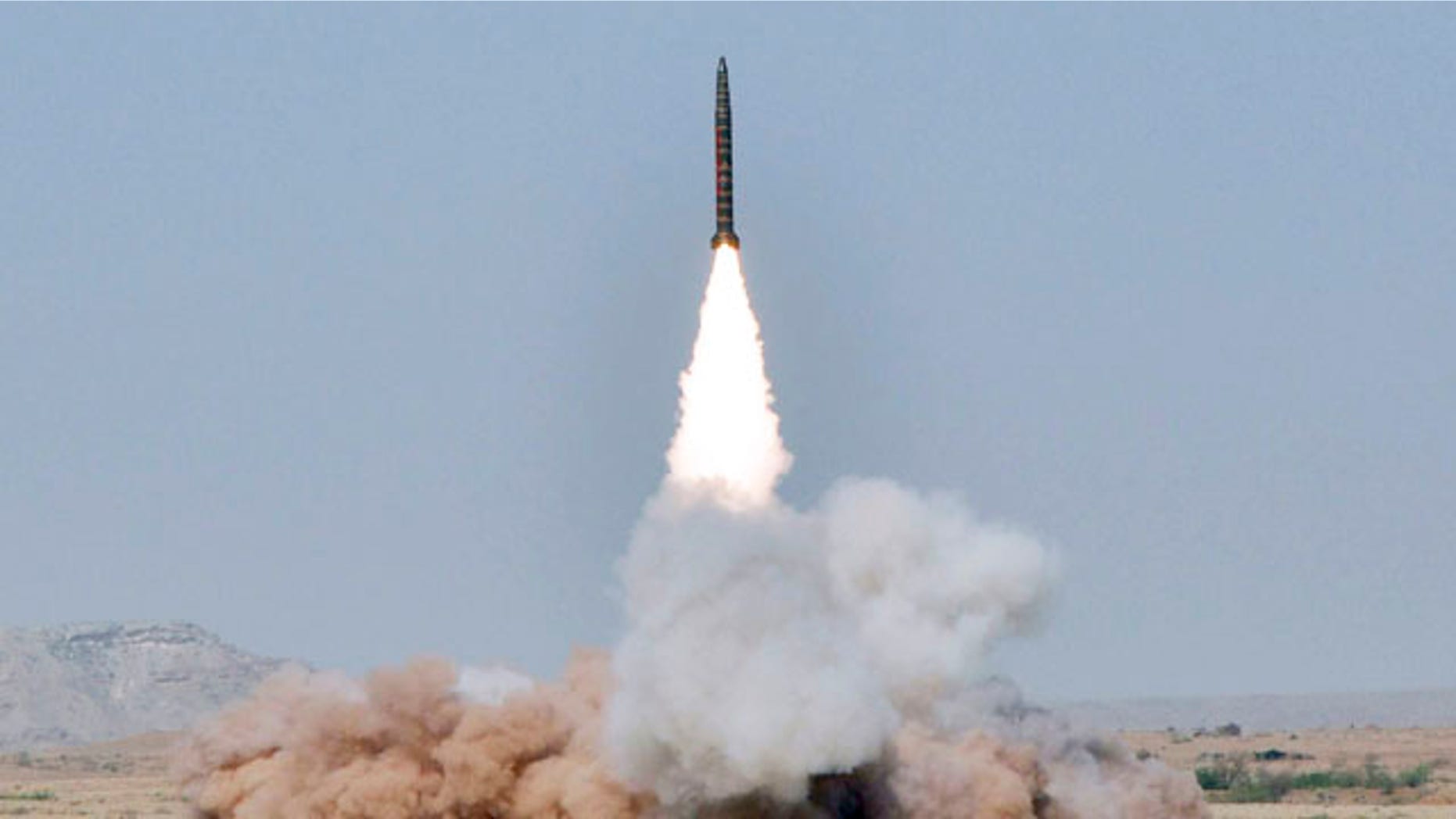 May 8: In this handout photo released by Pakistan's Inter Services Public Relations, a Ghaznavi missile is launched from an undisclosed location in Pakistan.