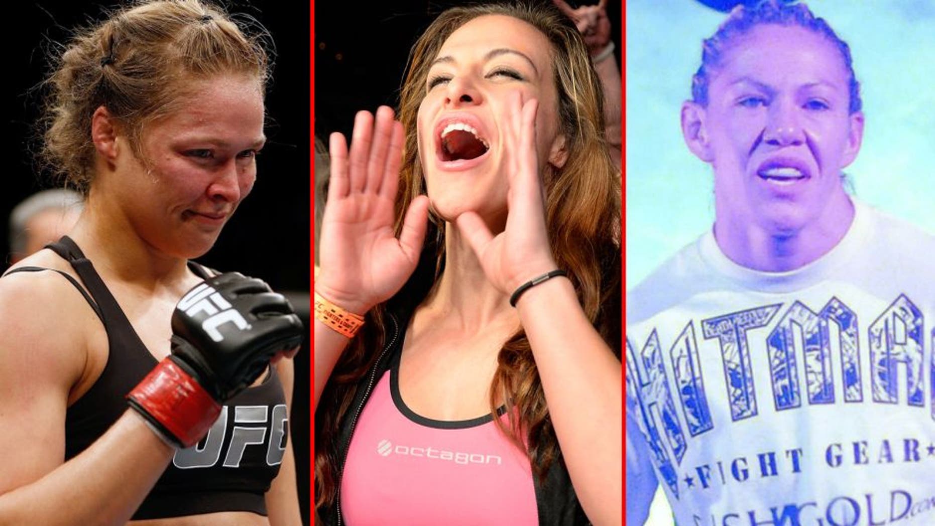 LAS VEGAS, NV - DECEMBER 28: Ronda Rousey reacts to her victory over Miesha Tate in their UFC women's bantamweight championship bout during the UFC 168 event at the MGM Grand Garden Arena on December 28, 2013 in Las Vegas, Nevada. (Photo by Josh Hedges/Zuffa LLC/Zuffa LLC via Getty Images) LAS VEGAS, NV - NOVEMBER 30: UFC women's bantamweight fighter Miesha Tate (R) cheers on Julianna Pena during her women's bantamweight final fight against Jessica Rakoczy during The Ultimate Fighter season 18 live finale inside the Mandalay Bay Events Center on November 30, 2013 in Las Vegas, Nevada. (Photo by Jeff Bottari/Zuffa LLC/Zuffa LLC via Getty Images) SAN JOSE, CA - AUGUST 15: Cris Cyborg being introduced before her fight against Gina Carano for the Middleweight Championship Title at Strikeforce: Carano vs. Cyborg on August 15, 2009 in San Jose, California. (Photo by Jon Kopaloff/Getty Images)