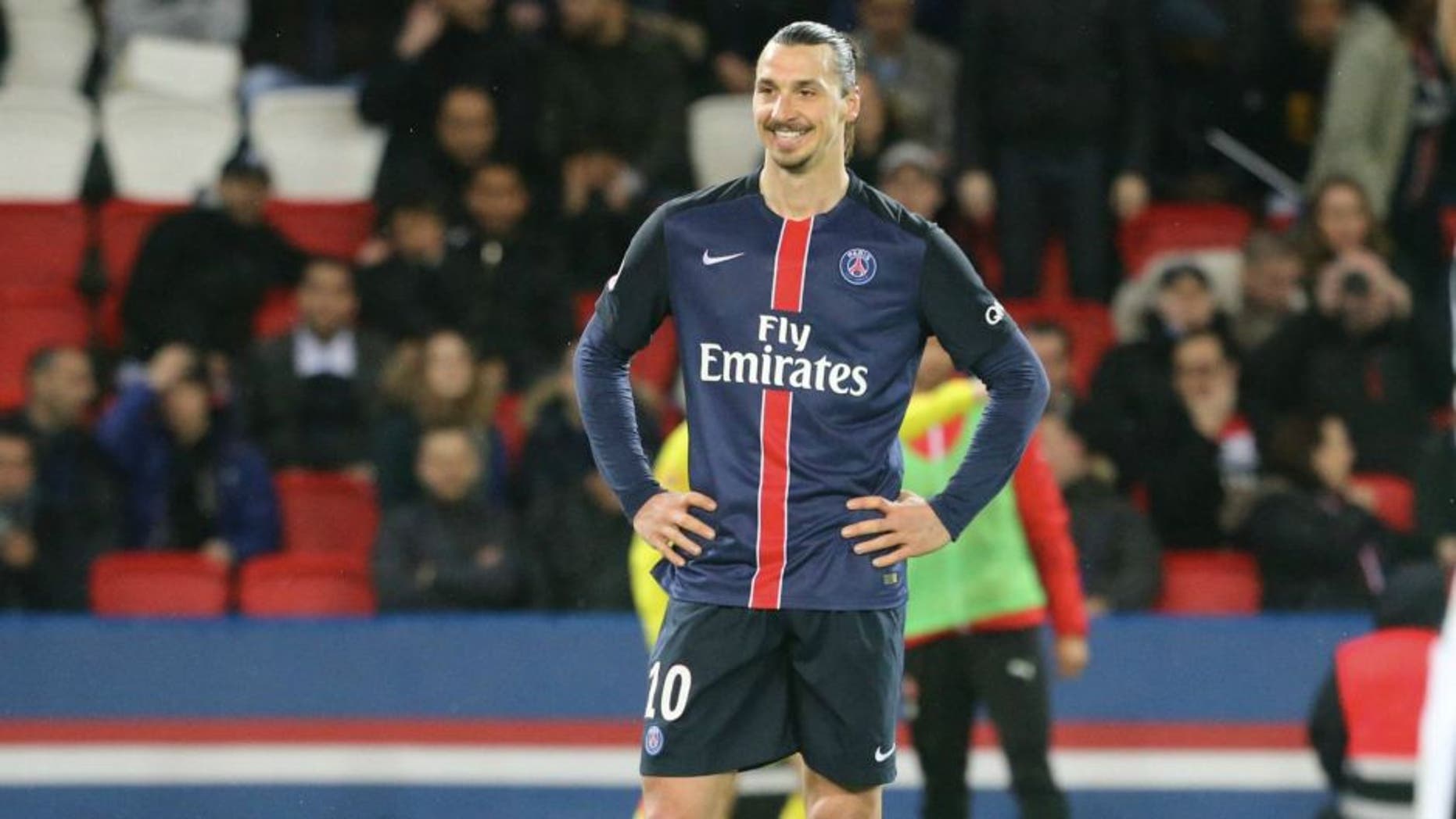 PARIS, FRANCE - APRIL 29: Zlatan Ibrahimovic of Paris Saint-Germain reacts during the French Ligue 1 match between Paris Saint-Germain and Stade Rennais at Parc des Princes on April 29, 2016 in Paris, France. (Photo by Xavier Laine/Getty Images)