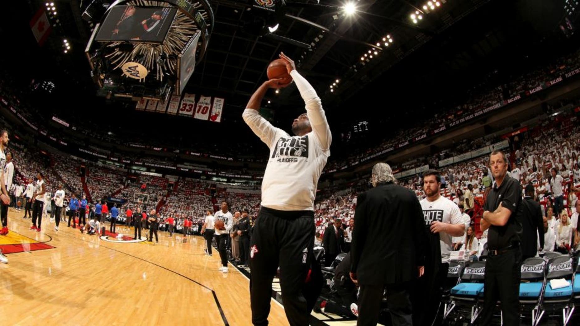 Miami Heat star Dwyane Wade warms up before the game against the Toronto Raptors in Game Three of the Eastern Conference Semifinals. (Photo by Issac Baldizon/NBAE via Getty Images)